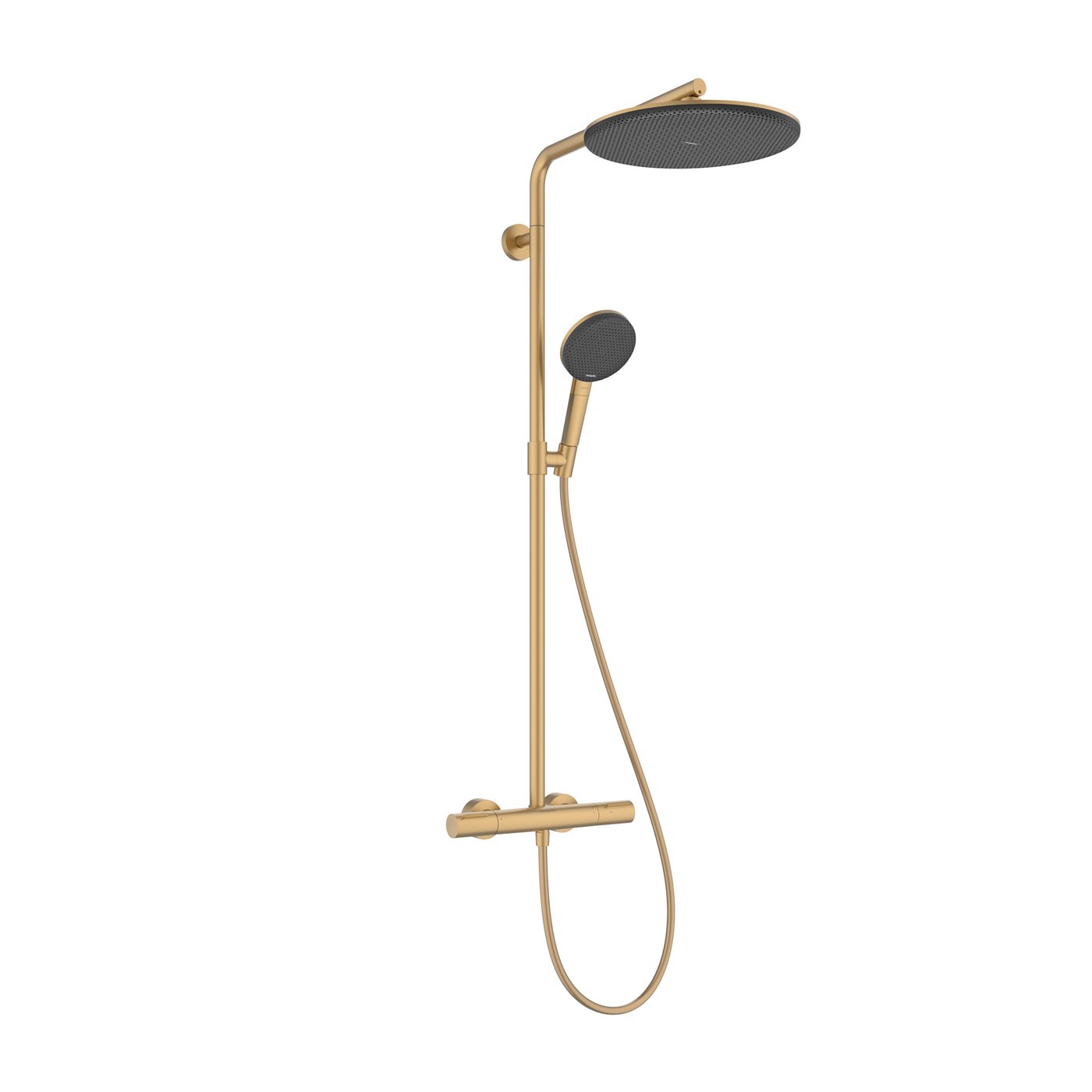 Hansgrohe Raindance Alive shower system with thermostat in brushed brass, supplied by Deluxe Bathrooms.