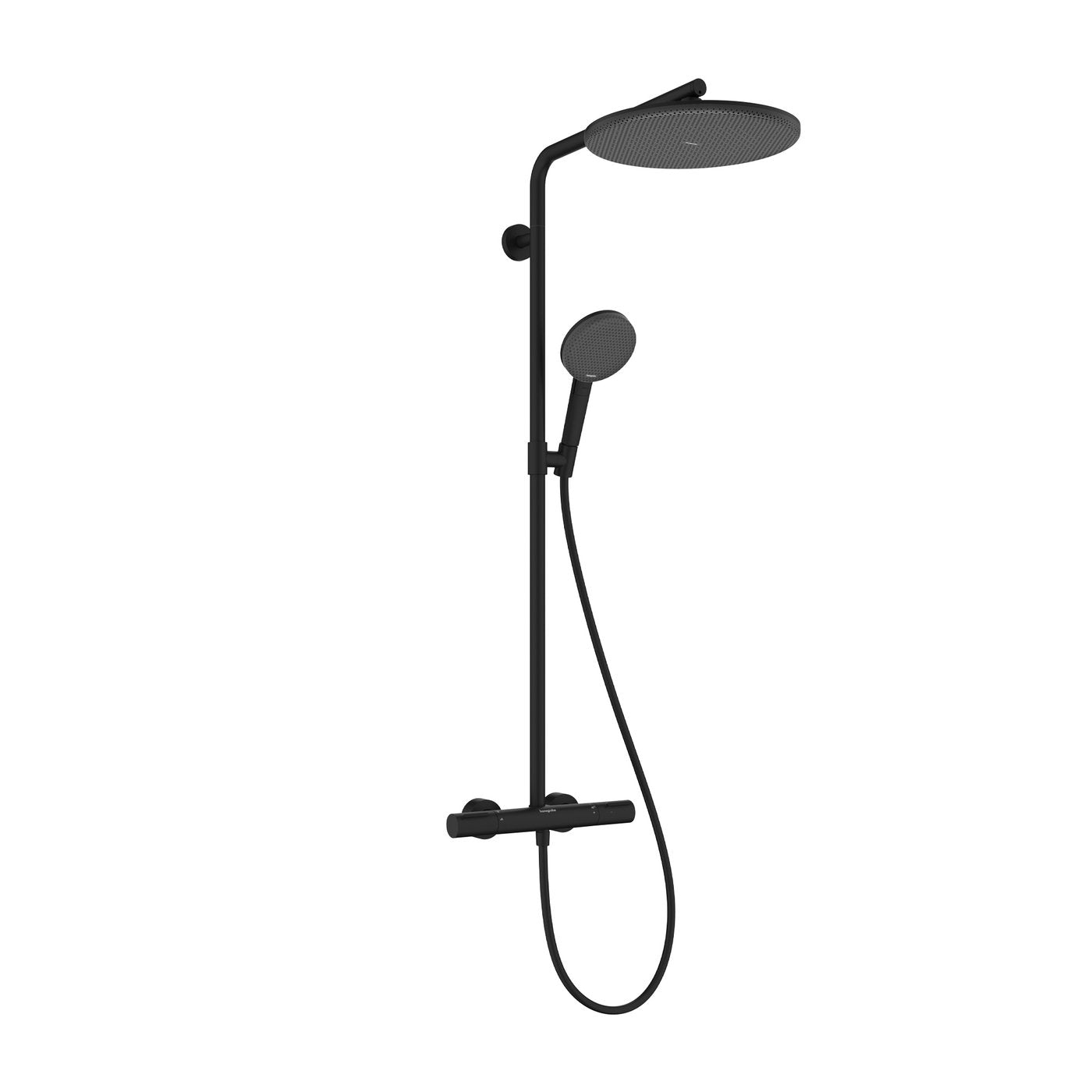 Hansgrohe Raindance Alive shower system with thermostat in matt black, supplied by Deluxe Bathrooms.