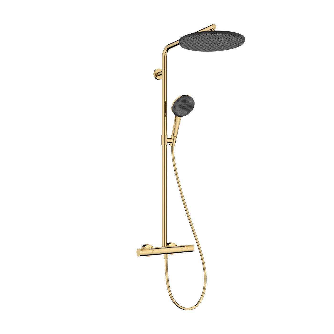 Hansgrohe Raindance Alive shower system with thermostat in polished gold, supplied by Deluxe Bathrooms.