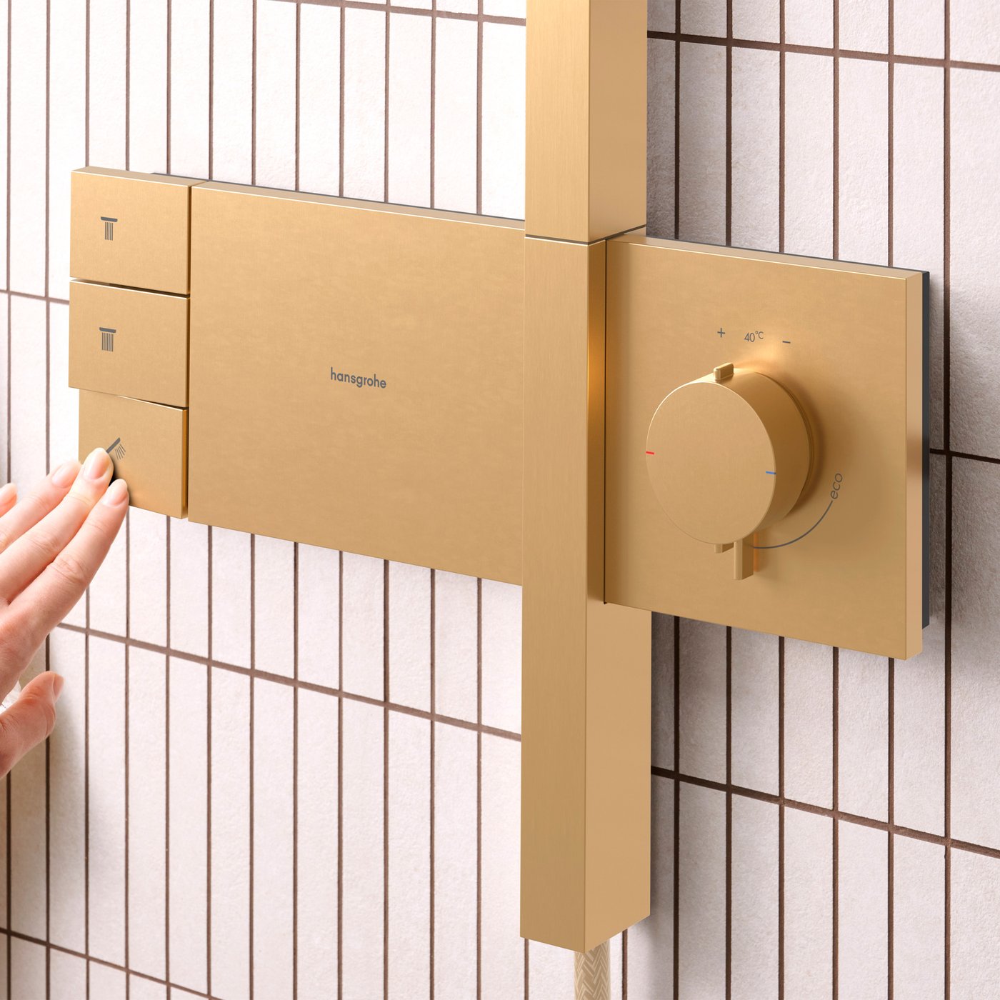 Thermostat and water flow control from the Hansgrohe Raindance Alive Shower system - in brushed bronze, supplied by Deluxe Bathrooms.