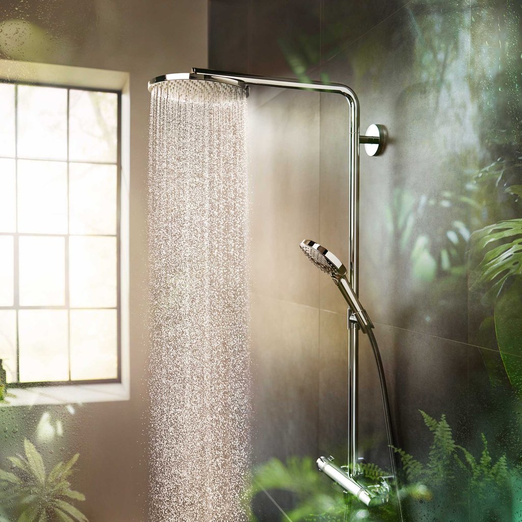 Overhead water flowing from Hansgrohe Raindance Select 1-Jet Shower system - in chrome finish, supplied by Deluxe Bathrooms.