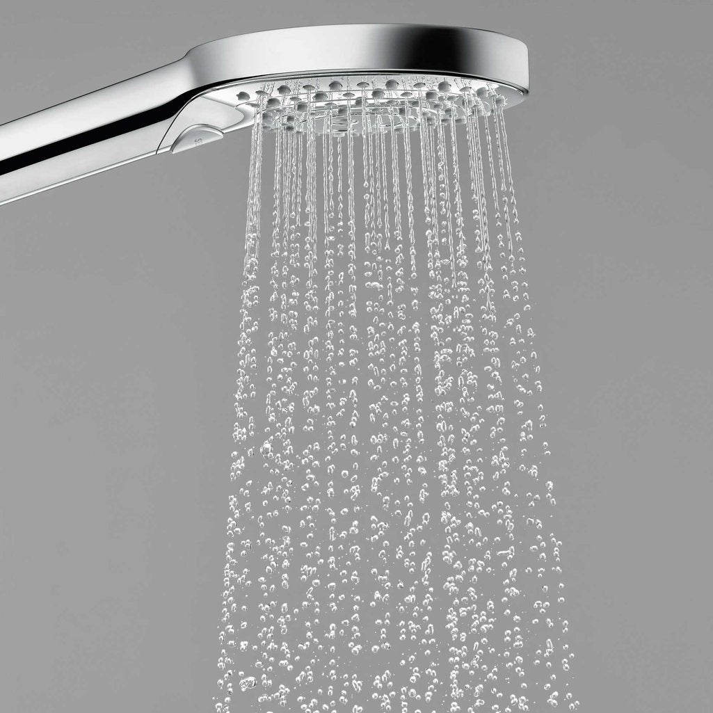 Close up of water droplets coming from shower head of a Hansgrohe shower system, supplied by Deluxe Bathrooms.