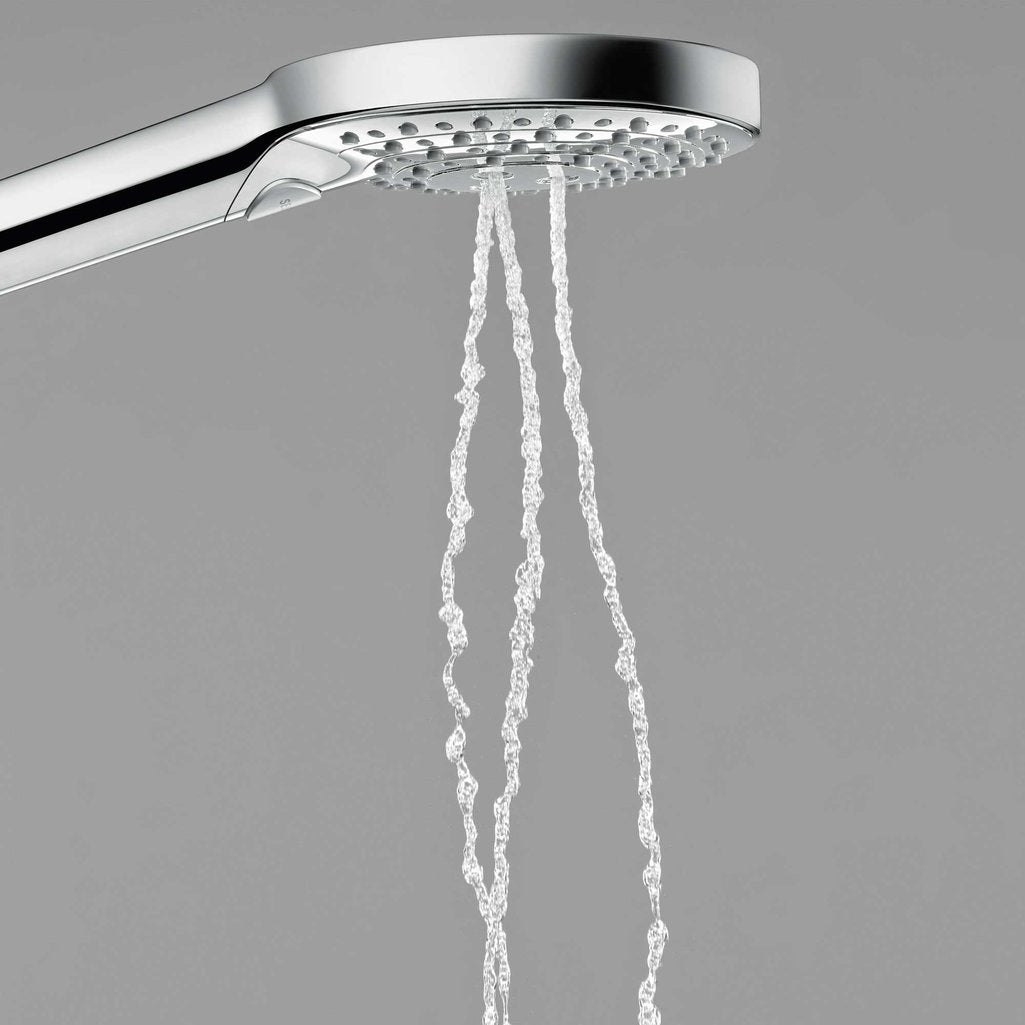 Close up of the Water whirl flowing from handset of Hansgrohe Raindance Select 1-Jet Shower system - in chrome finish, supplied by Deluxe Bathrooms.