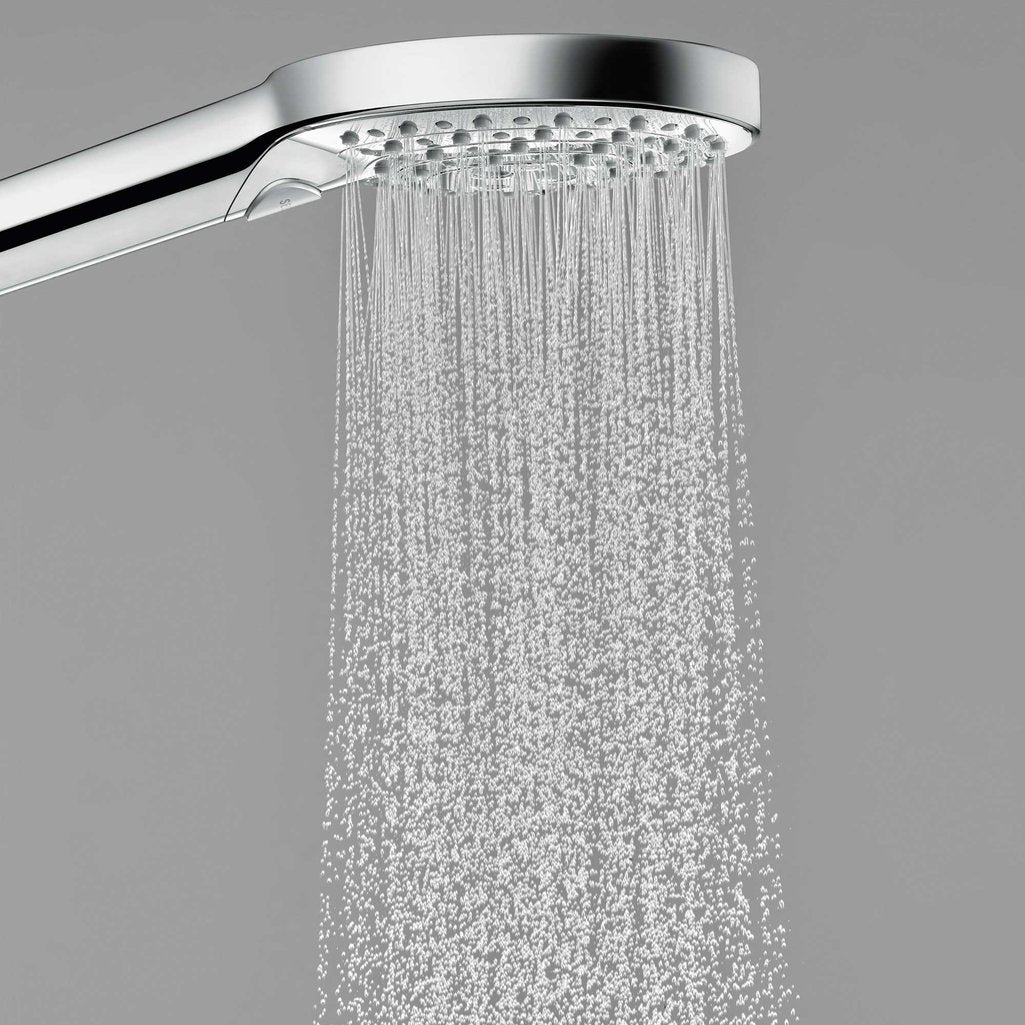Close up of the extra fine, enveloping spray of water from the handset of Hansgrohe Raindance Select 1-Jet Shower system - in chrome finish, supplied by Deluxe Bathrooms.