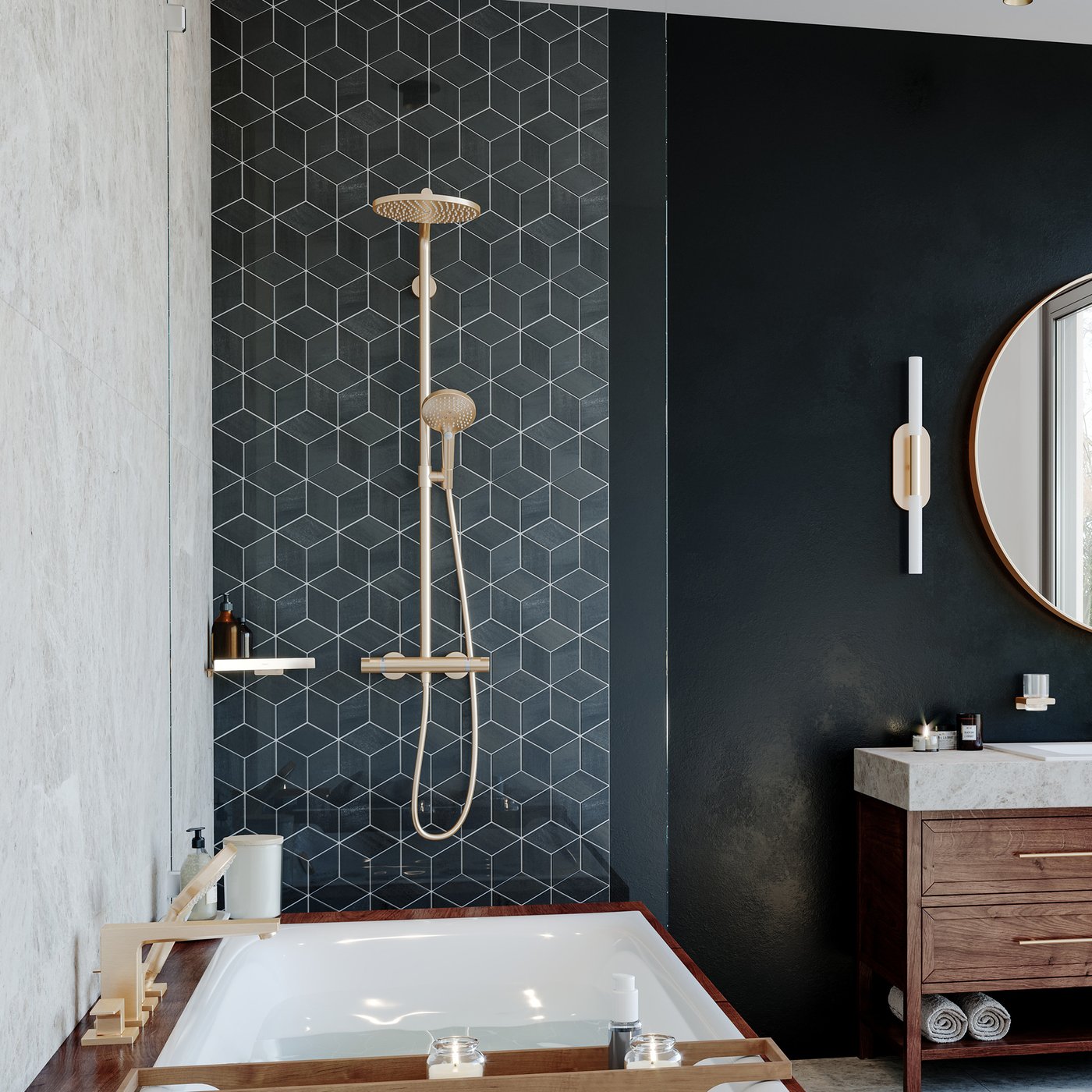 Hansgrohe Raindance Select 1-Jet Shower with 240mm Head - in brushed bronze finish - installed in a bathroom. Supplied by Deluxe Bathrooms.