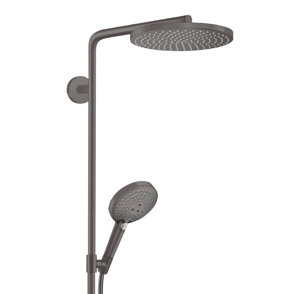 The 2 showerheads - in brushed back chrome - of a Hansgrohe Raindance Select 1-Jet Shower system.