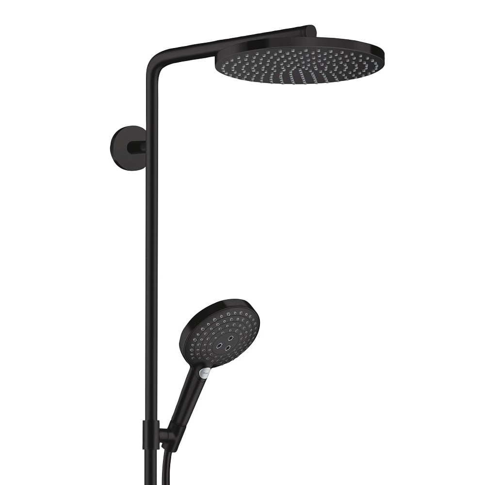 The 2 showerheads - in matt black - of a Hansgrohe Raindance Select 1-Jet Shower system.