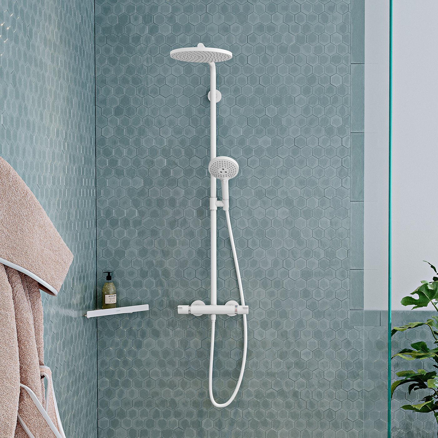 Hansgrohe Raindance Select 1-Jet Shower system with 240mm wide overhead, supplied by Deluxe Bathrooms - in matt white and fitted on a bathroom wall.