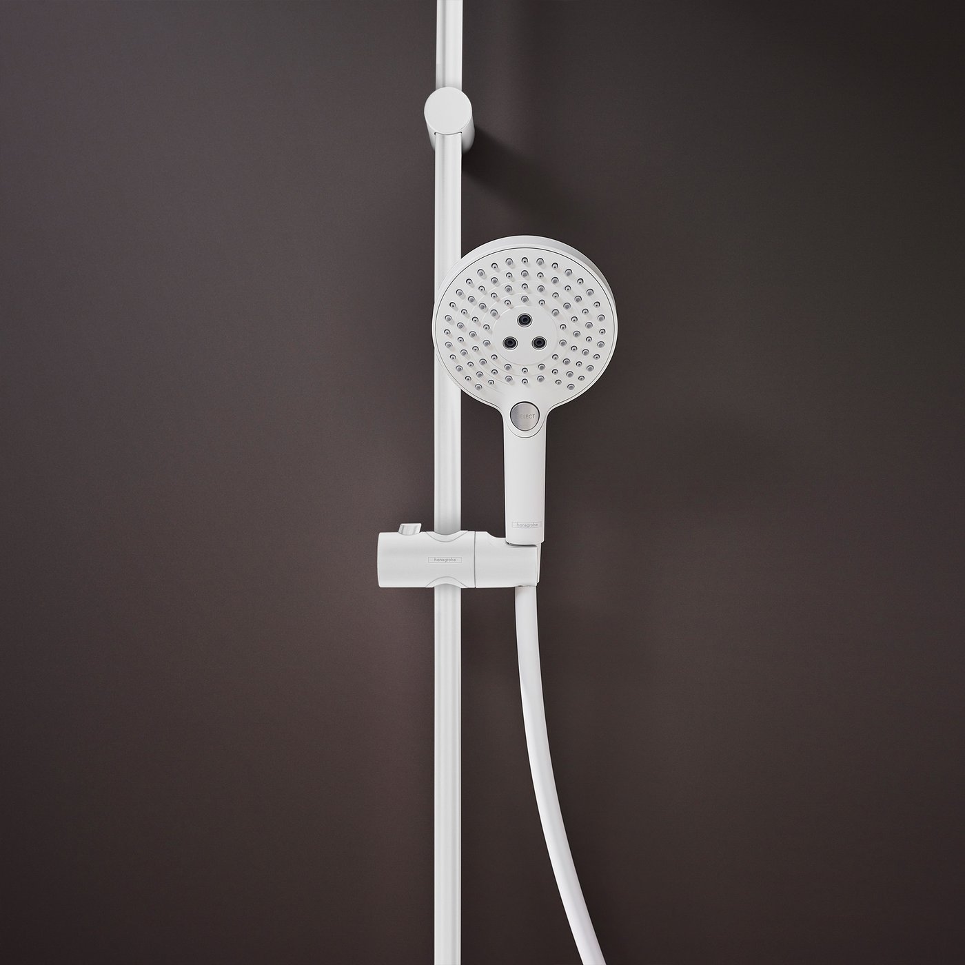 Front view of handset on rail of a Hansgrohe Raindance Select 1-Jet Shower system in matt white finish. Supplied by Deluxe Bathrooms.