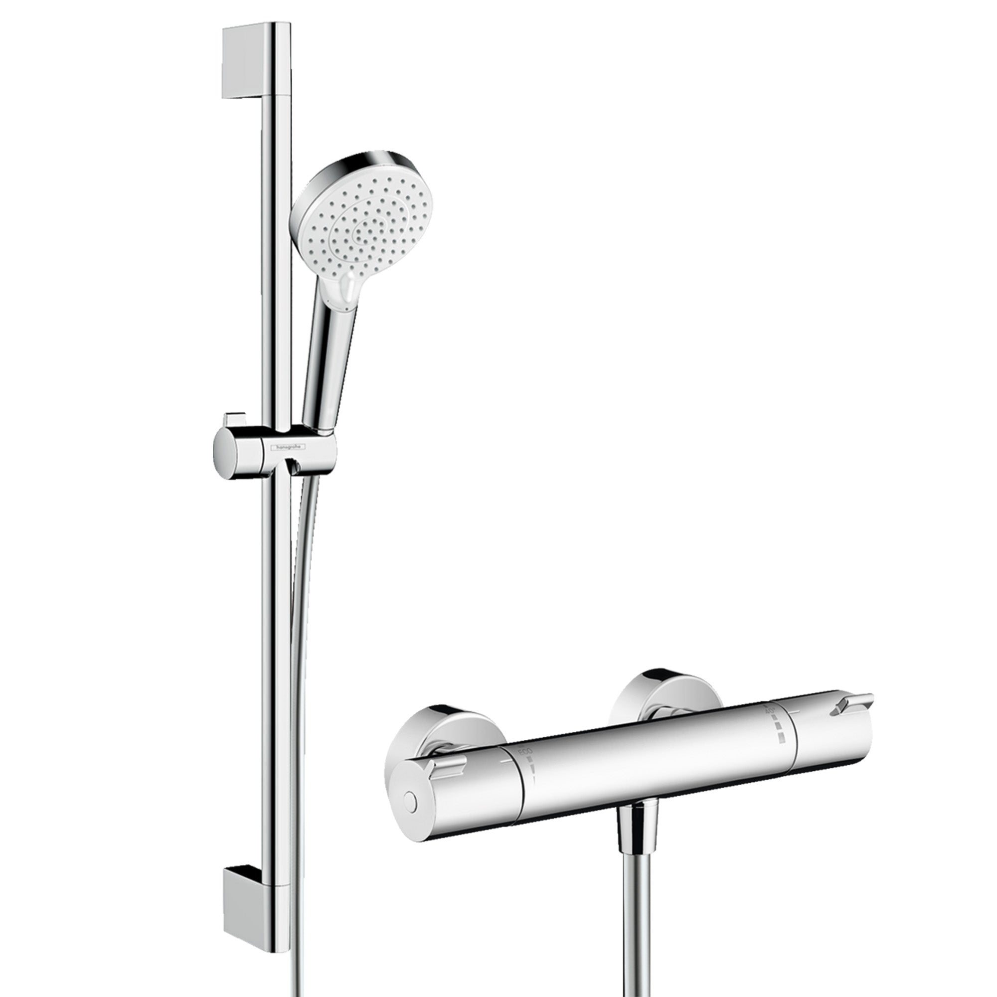 hansgrohe crometta shower system with exposed thermostatic bar valve and slide rail kit chrome