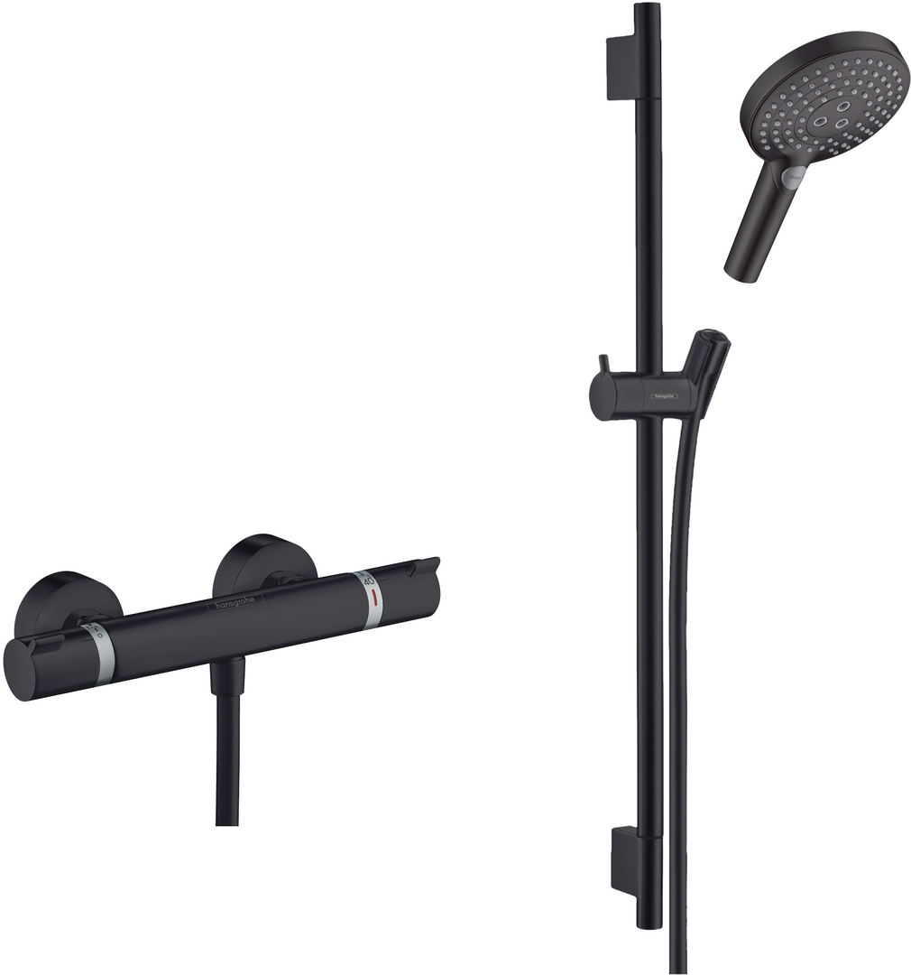 Hansgrohe Ecostat Exposed Thermostatic Shower Bar With Select Slide Rail Kit - Matt Black