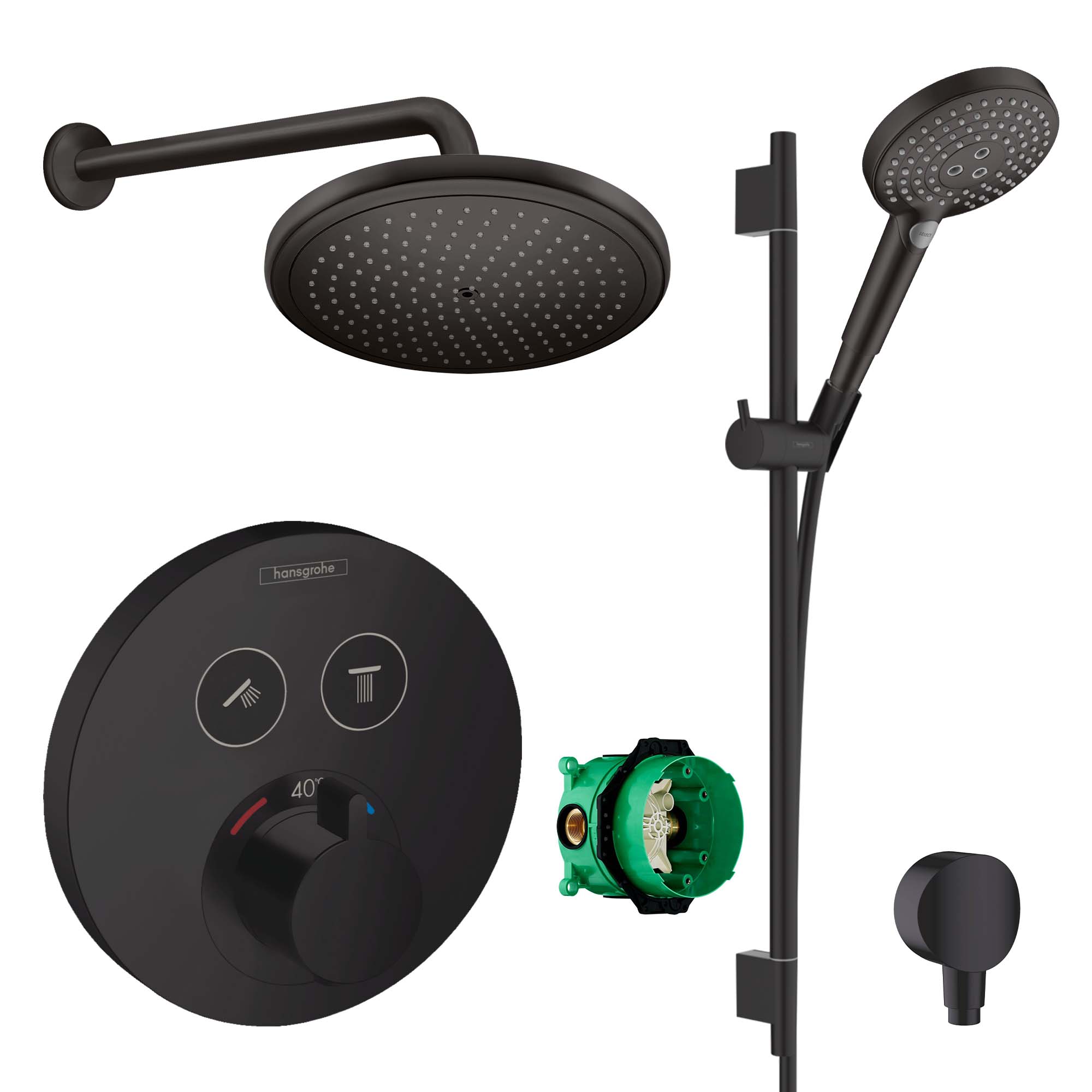 hansgrohe round select 2 outlet push thermostatic valve with croma 280 overhead shower and slide rail kit matt black