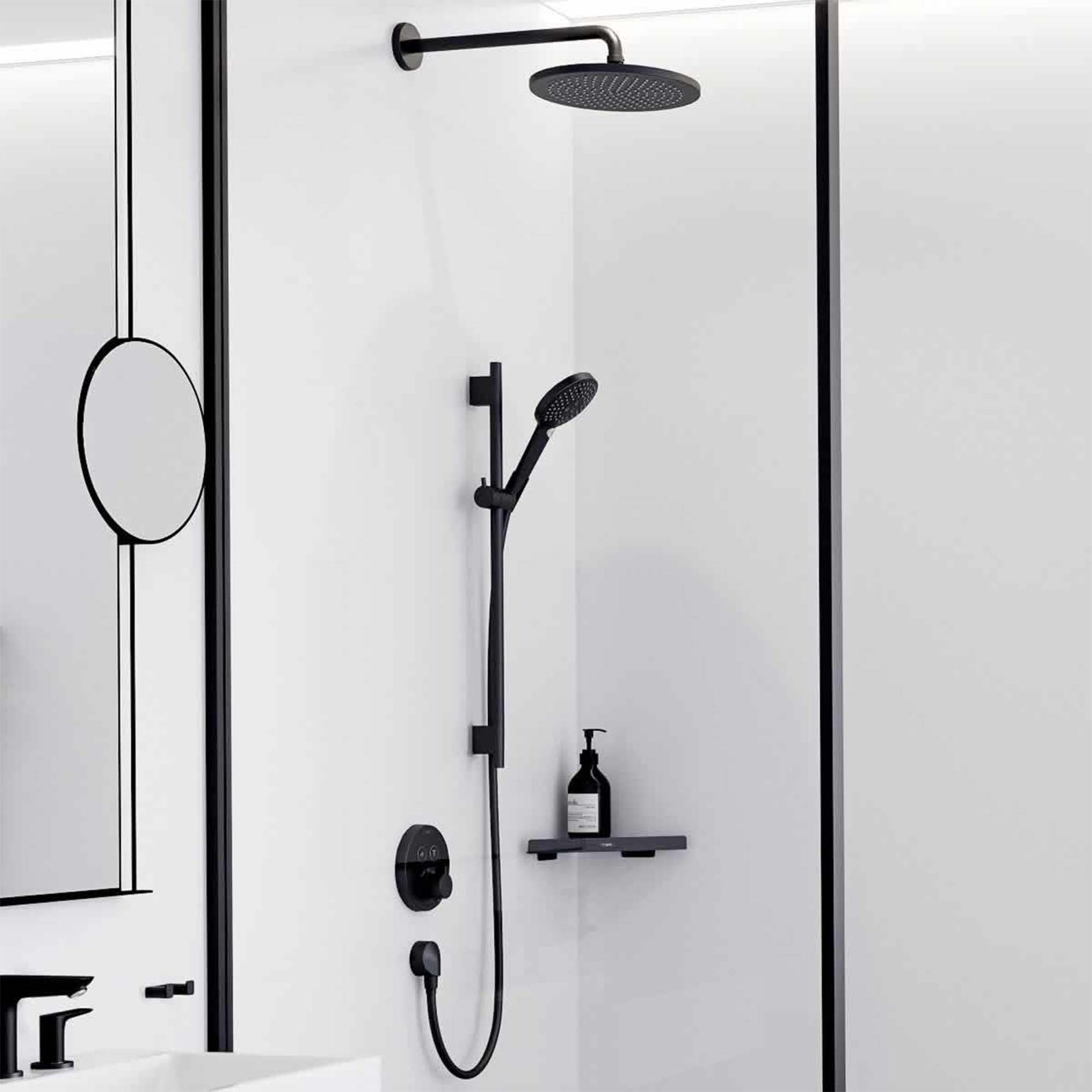 hansgrohe round select 2 outlet push thermostatic valve with croma 280 overhead shower and slide rail kit matt black