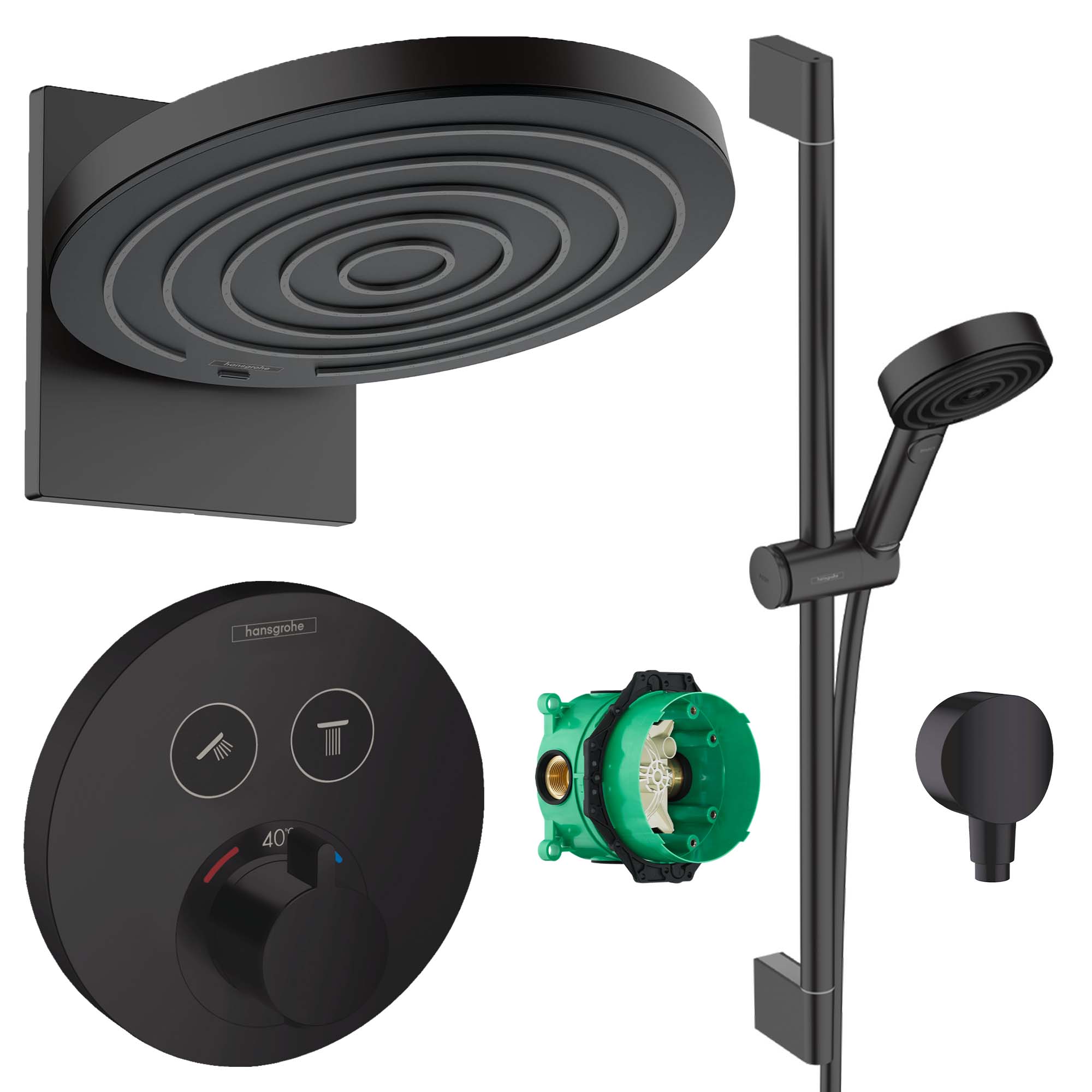 hansgrohe round select 2 outlet push thermostatic valve with pulsify 260 overhead and slide rail kit matt black deluxe bathrooms