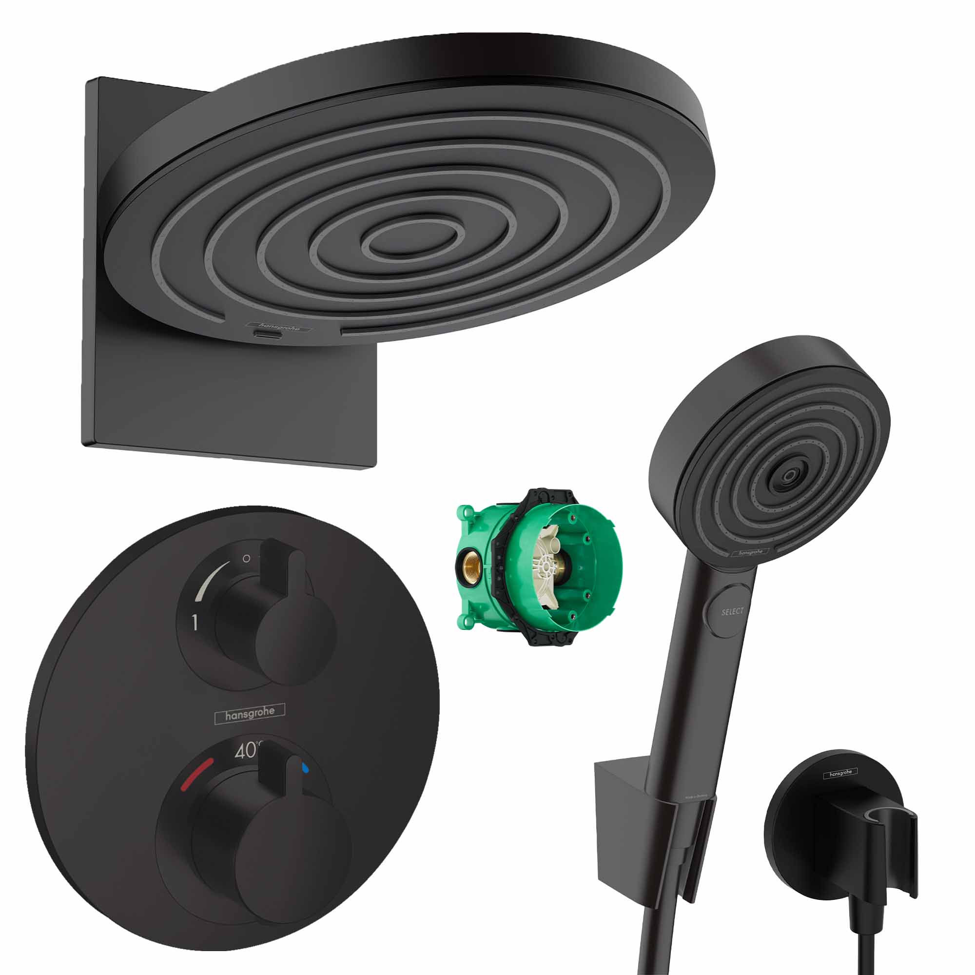 hansgrohe round select 2 outlet push thermostatic valve with pulsify 260 overhead and pulsify handset