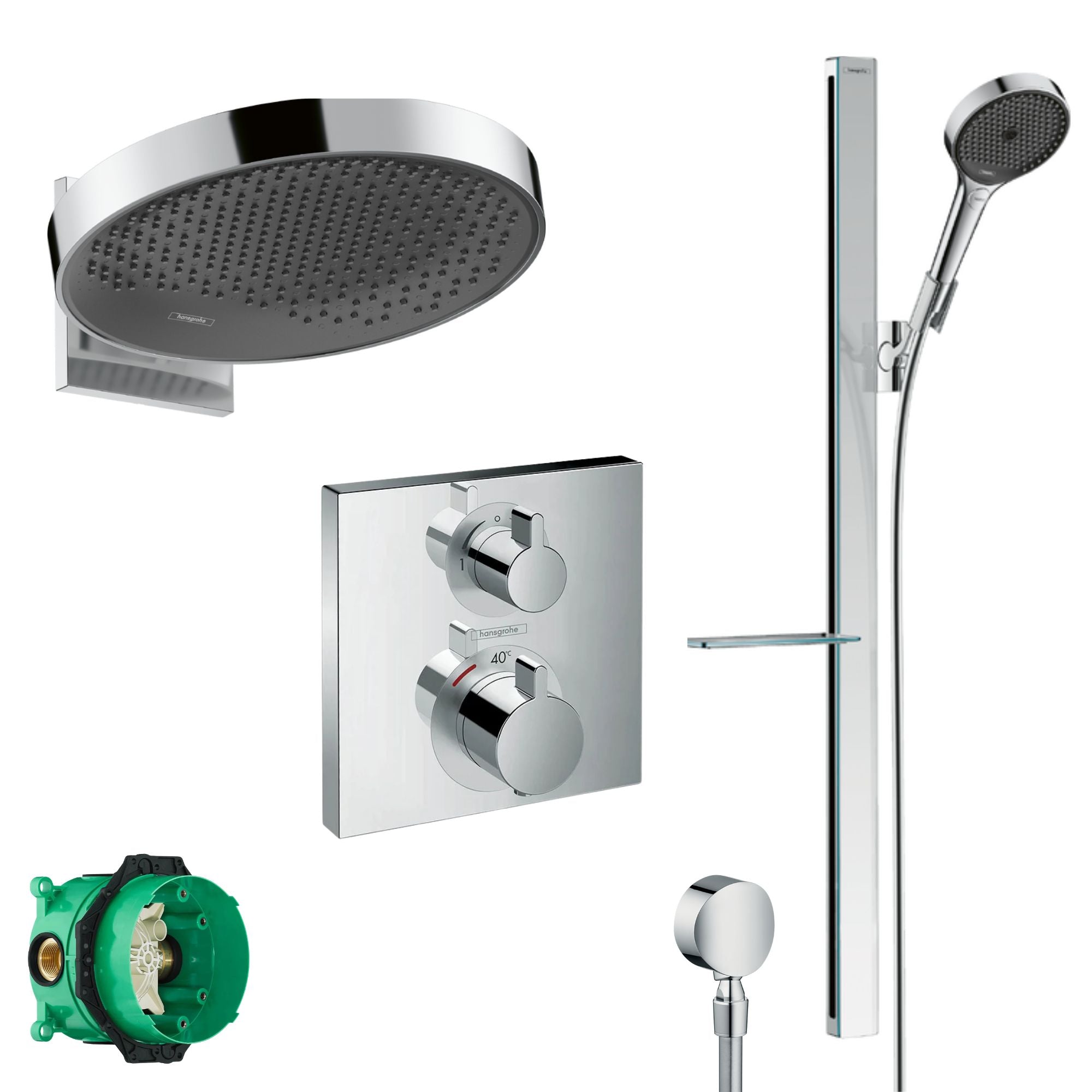 Hansgrohe Square 2 Outlet Thermo Valve, Rainfinity 360 Shower Head & Slide Rail Kit - Chrome