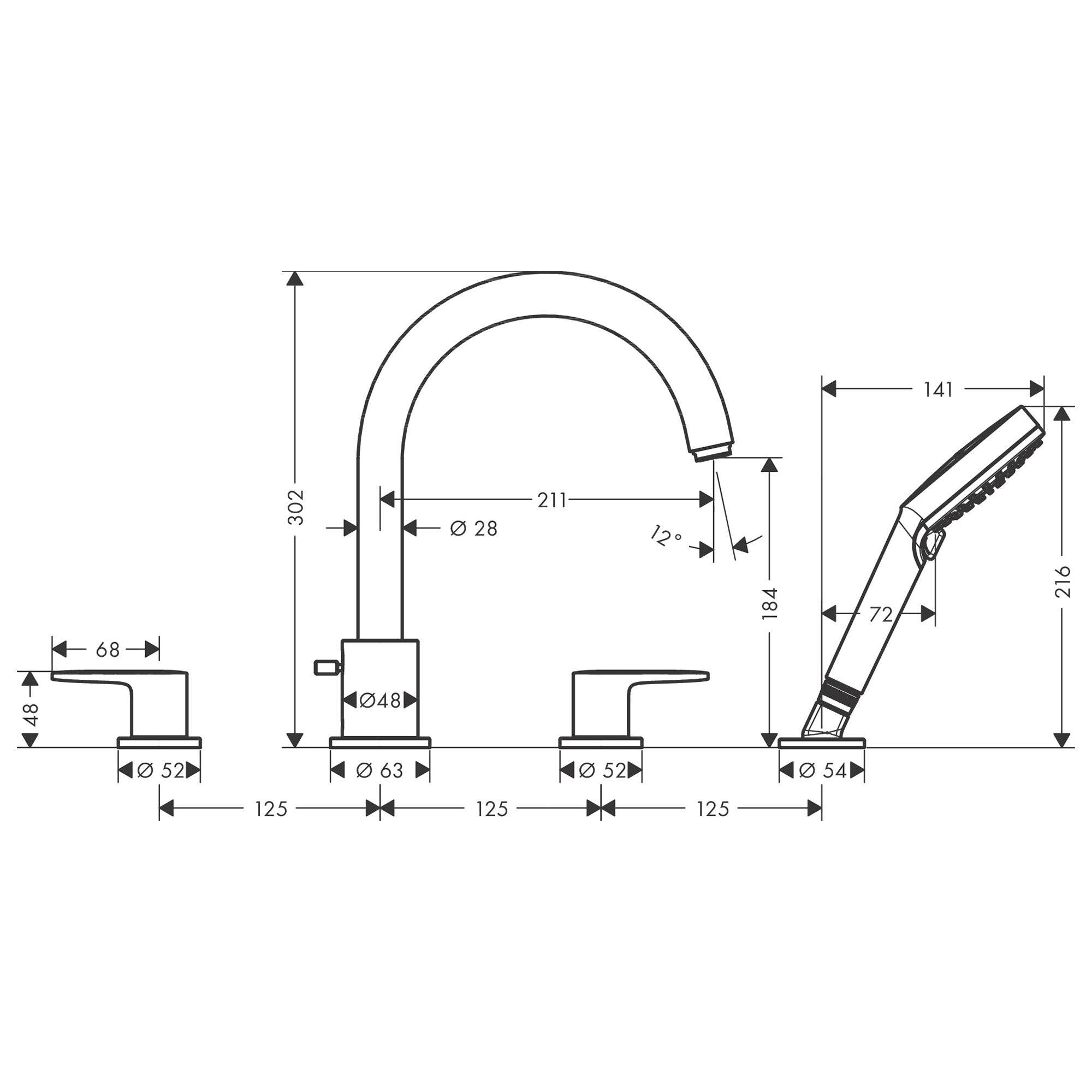 hansgrohe vernis blend 4 hole bath shower mixer dimensions