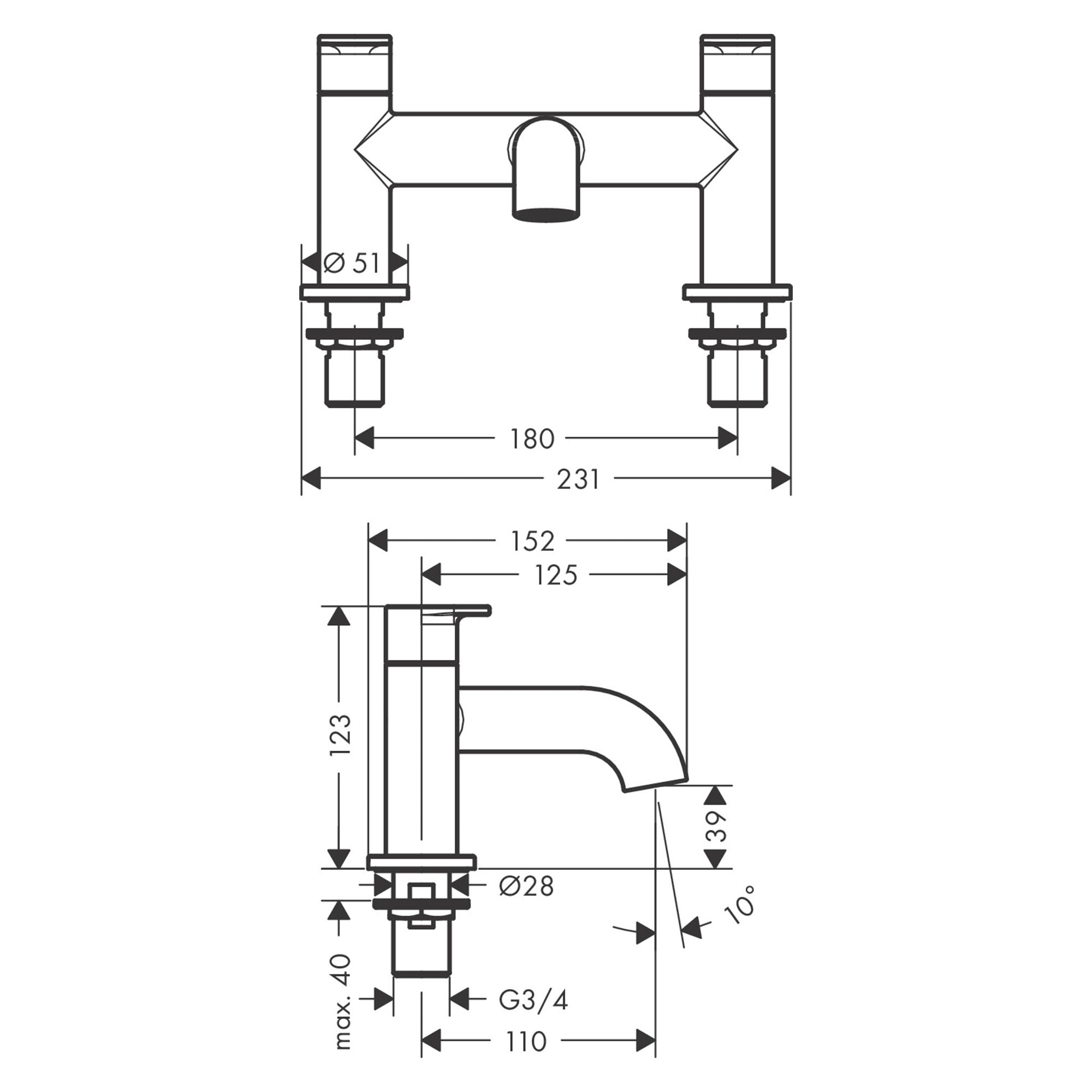 hansgrohe vernis blend deck mounted bath filler dimensions