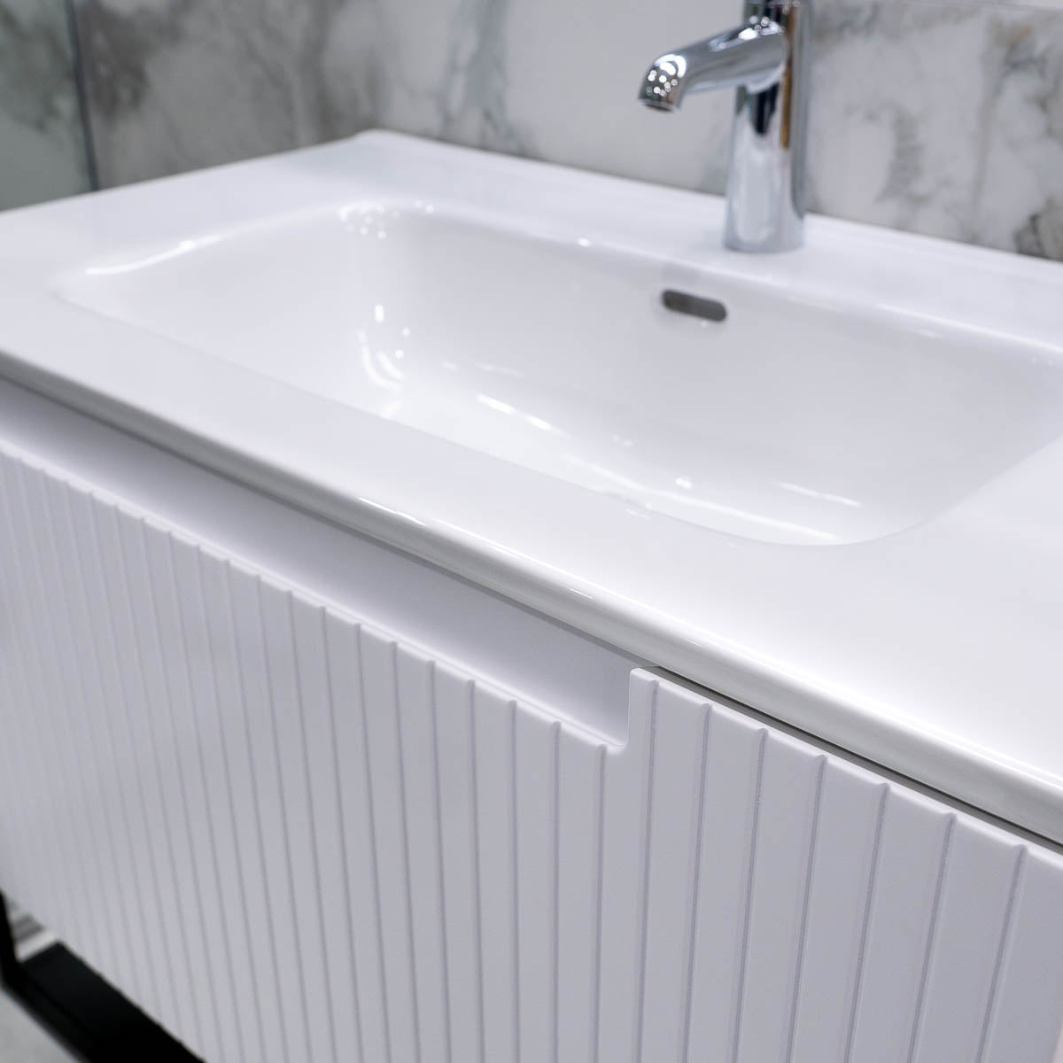 Harmony 800 Wall Mounted Vanity Unit With Ceramic Basin and Open Bottom Shelf - White