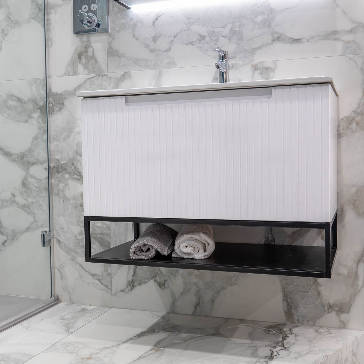 Harmony 800 Wall Mounted Vanity Unit With Ceramic Basin and Open Bottom Shelf - White