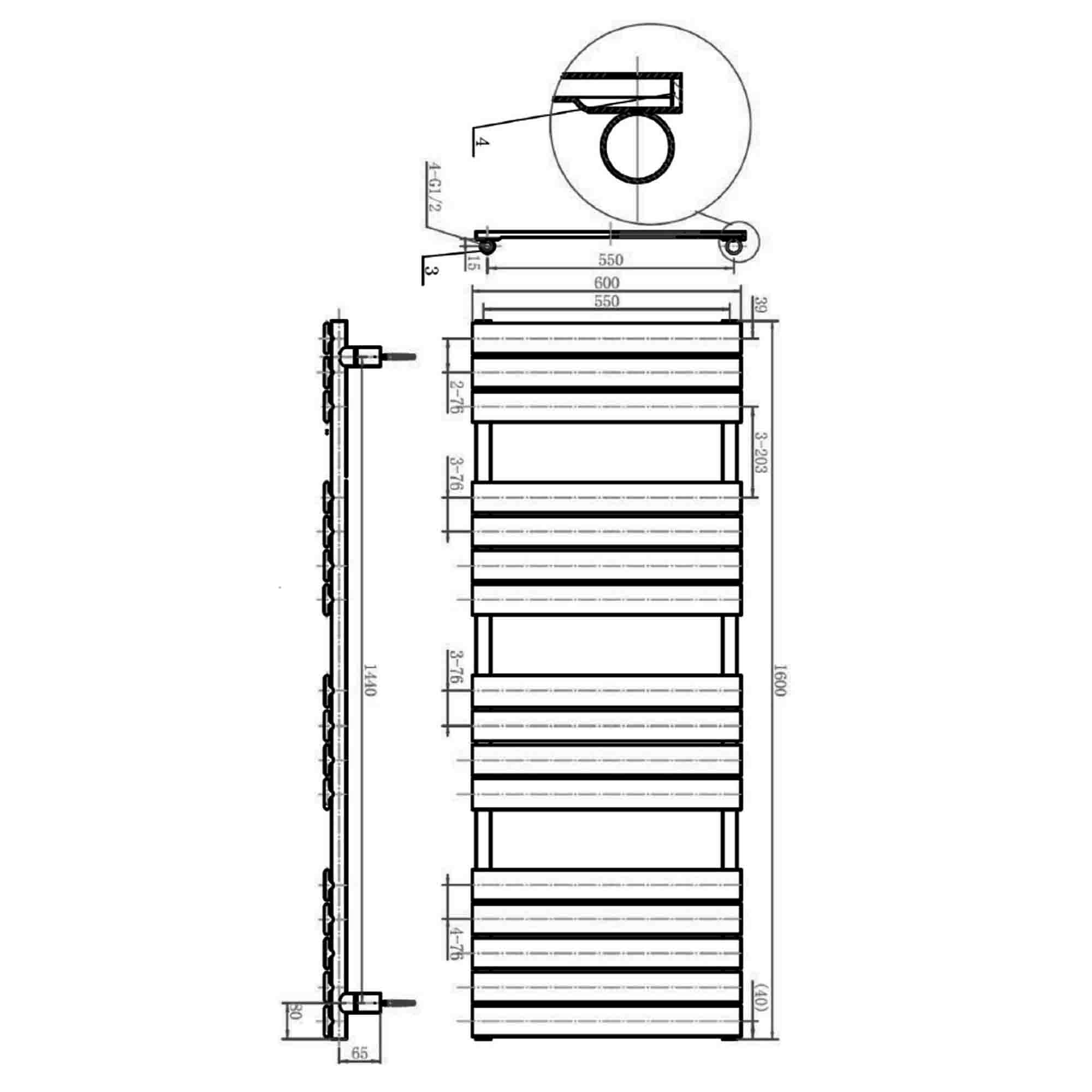 harper designer heated towel rail 1600x600mm dimensions