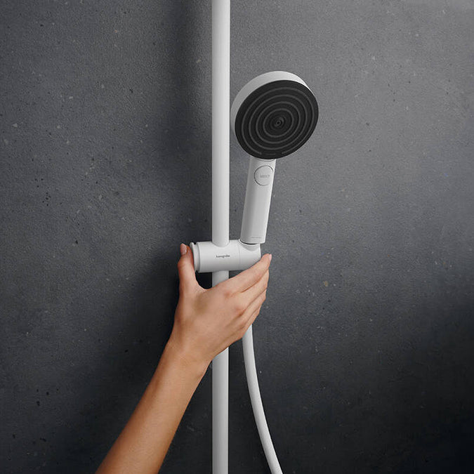 Adjustable handset height of the Hansgrohe Pulsify S Puro Shower Set, in matt white, supplied by Deluxe Bathrooms.