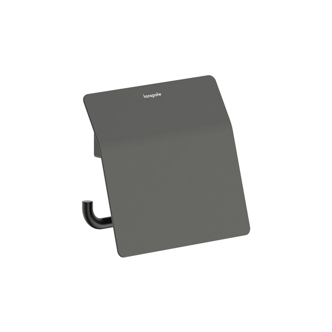 Hansgrohe AddStoris S Toilet Roll Holder with Cover in chrome brushed black chrome finish, supplied by Deluxe Bathrooms.