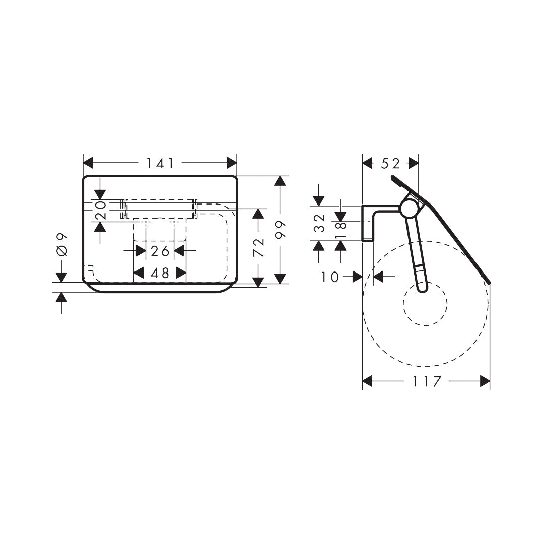 Dimensions diagram for the Photo of the Hansgrohe AddStoris S Toilet Roll Holder, supplied by Deluxe Bathrooms.