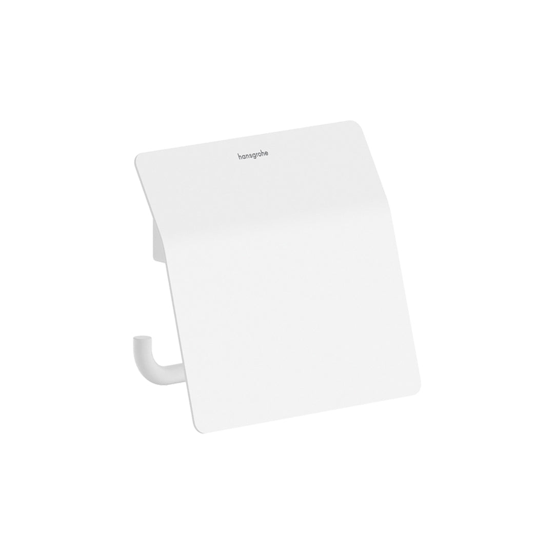 Hansgrohe AddStoris S Toilet Roll Holder with Cover in matt white finish, supplied by Deluxe Bathrooms.
