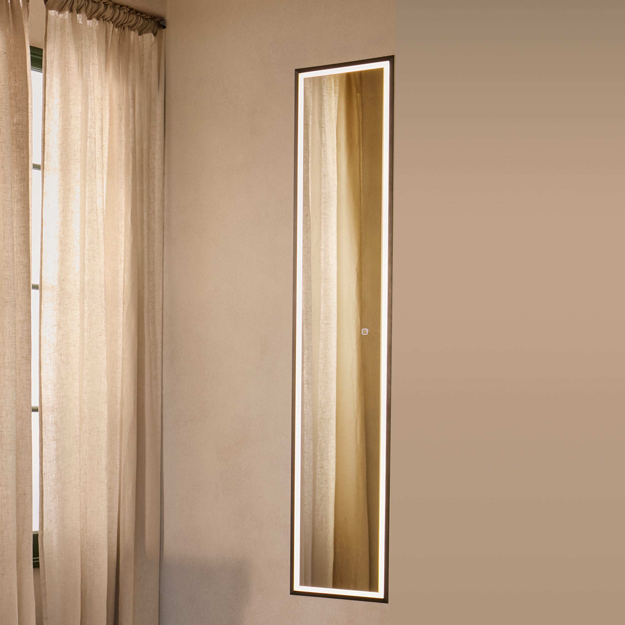 Hib Vanquish 30cm recessed mirror cabinet, illuminated with door closed. Supplied by Deluxe Bathrooms.