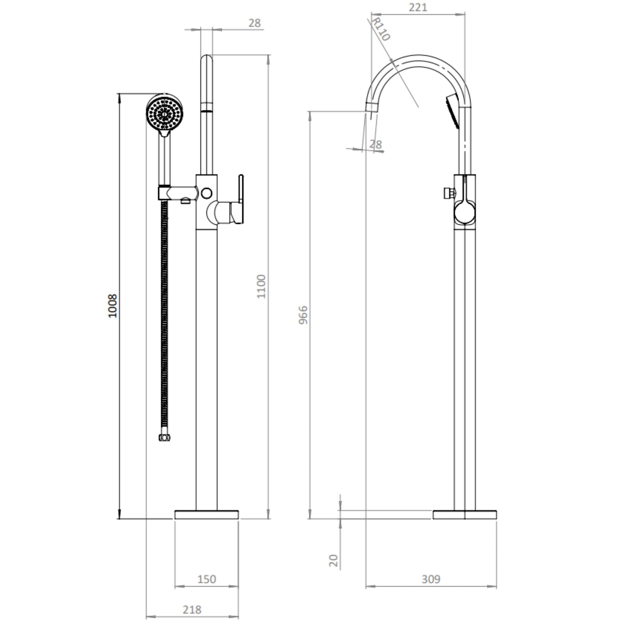 Hoxton 2.0 Floorstanding Bath Shower Mixer With Handset Kit Technical Drawing