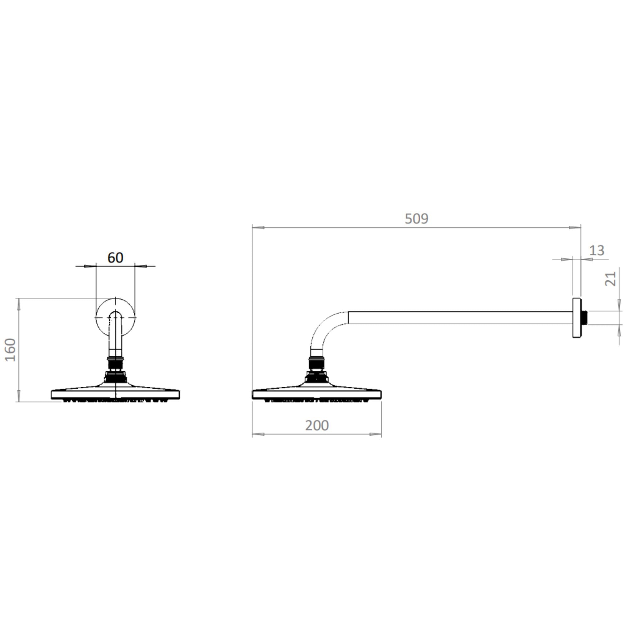 Hoxton 2.0 Shower Head With Wall Mounted Arm Technical Drawing