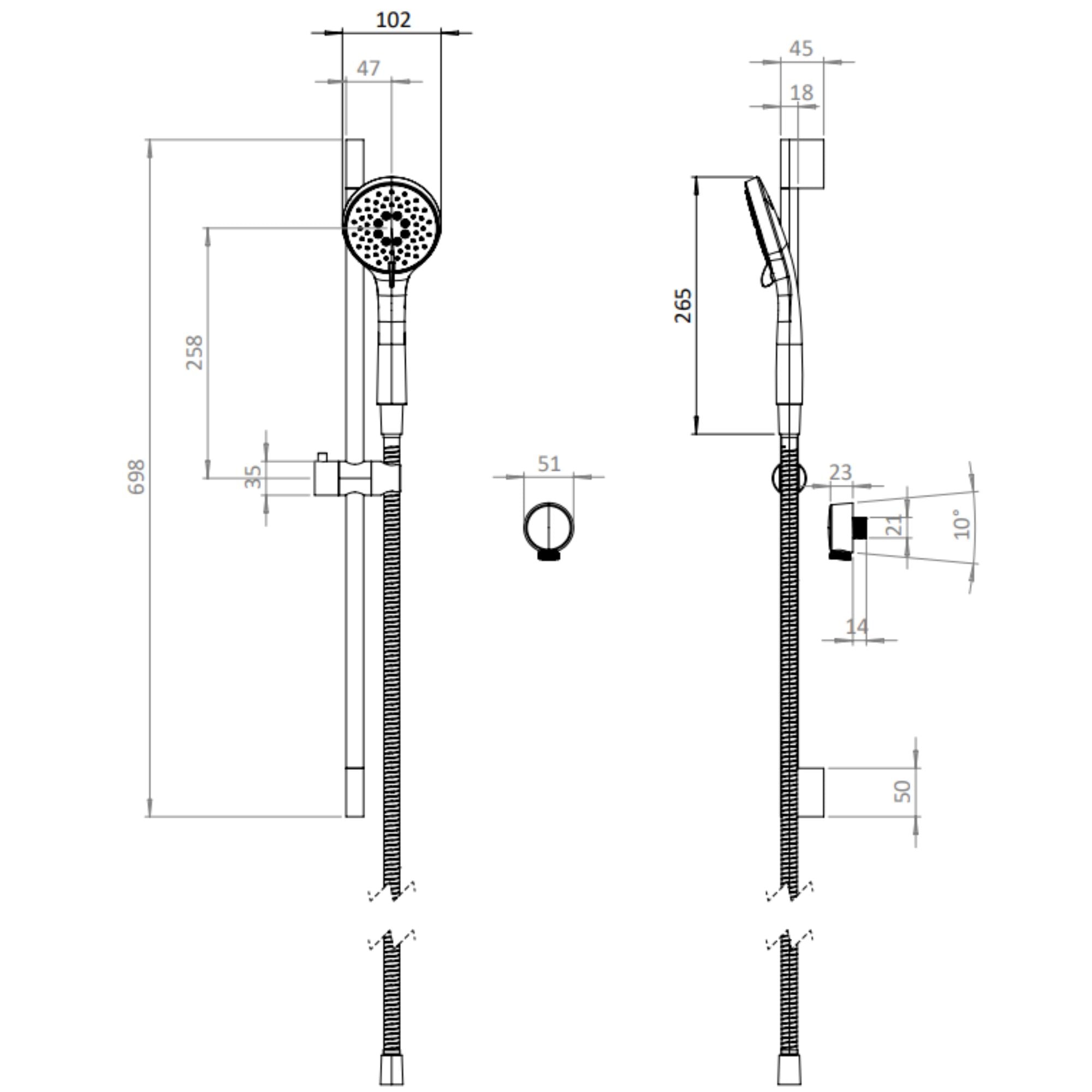 Hoxton 2.0 Slide Rail Shower Handset Kit Technical Drawing