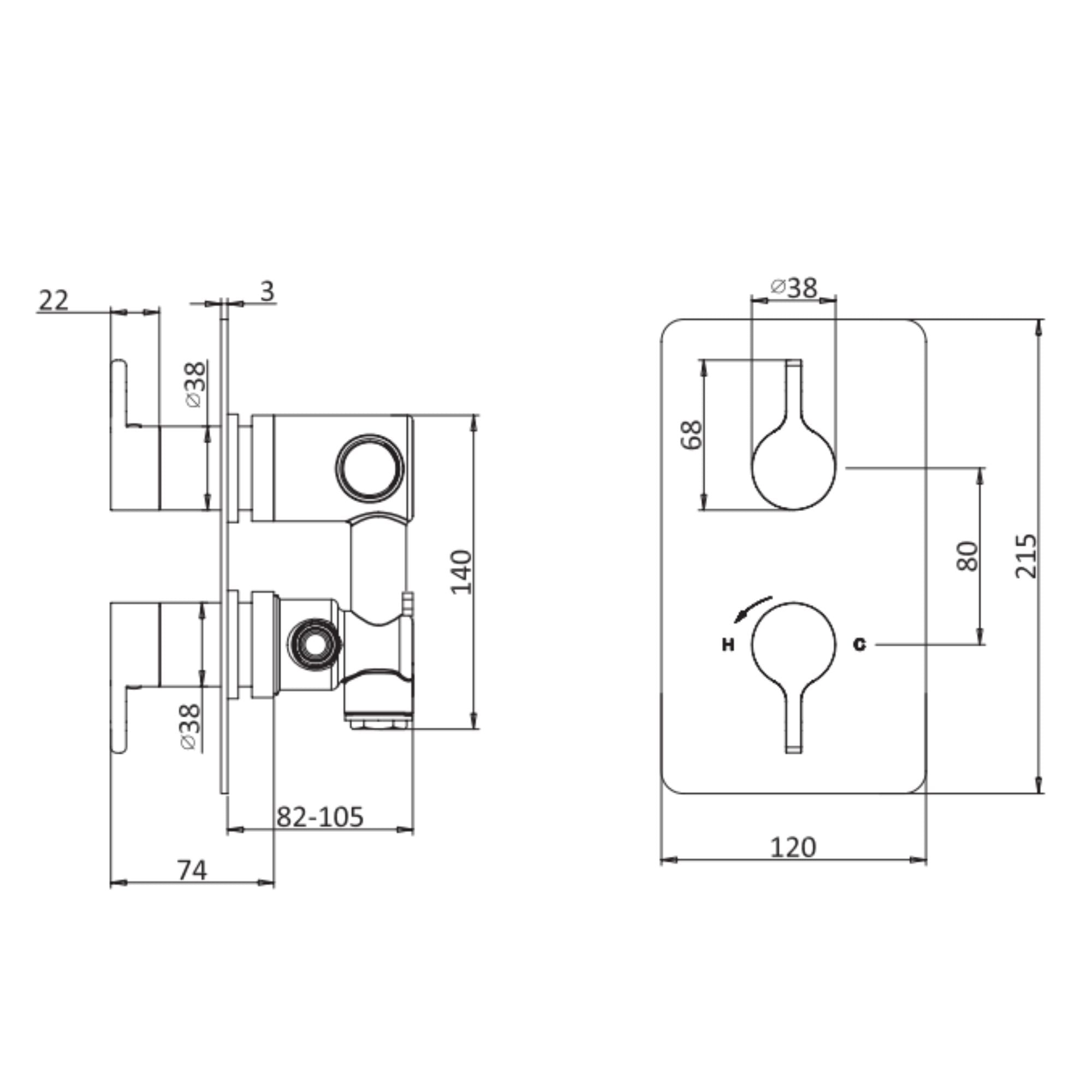 Hoxton 2.0 Thermostatic Shower Mixer Valve Technical Drawing