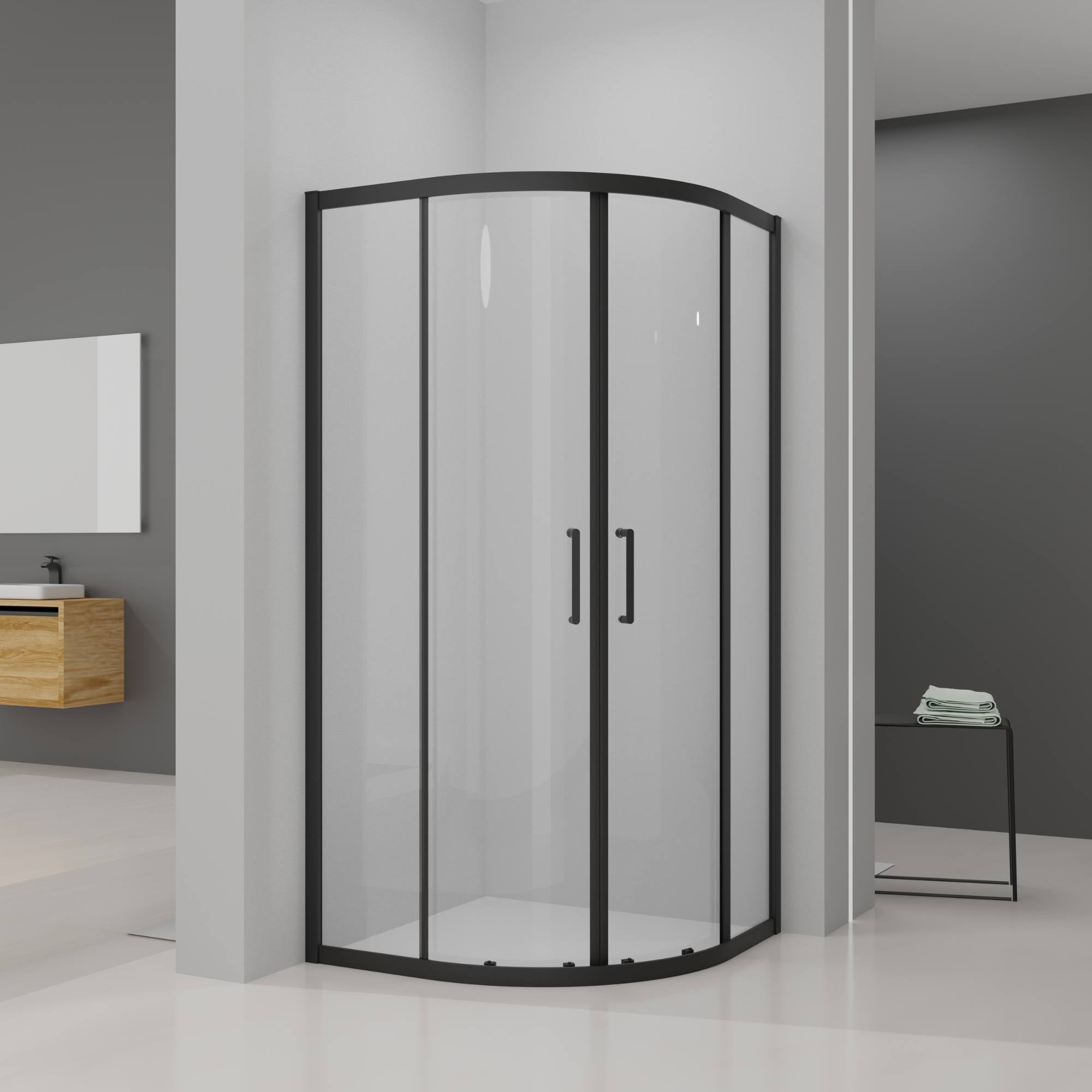 Quadrant Corner Shower With Black Frame And Glass In A Modern Bathroom.