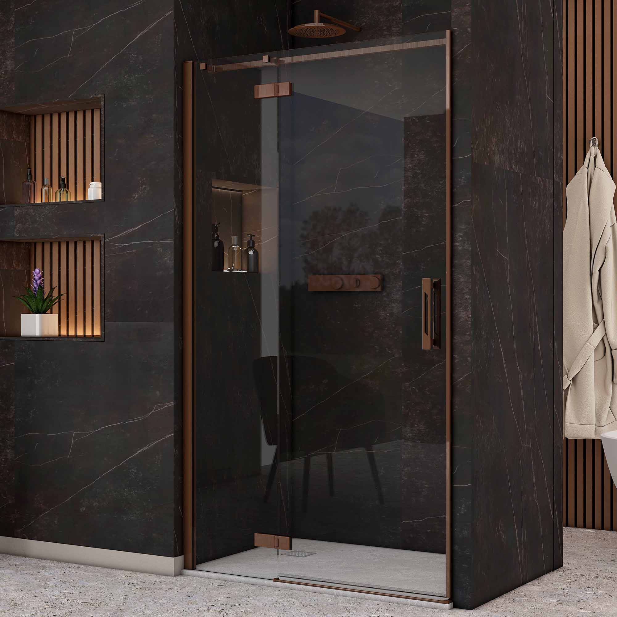 image i9 hinge and inline shower door in recess brushed bronze