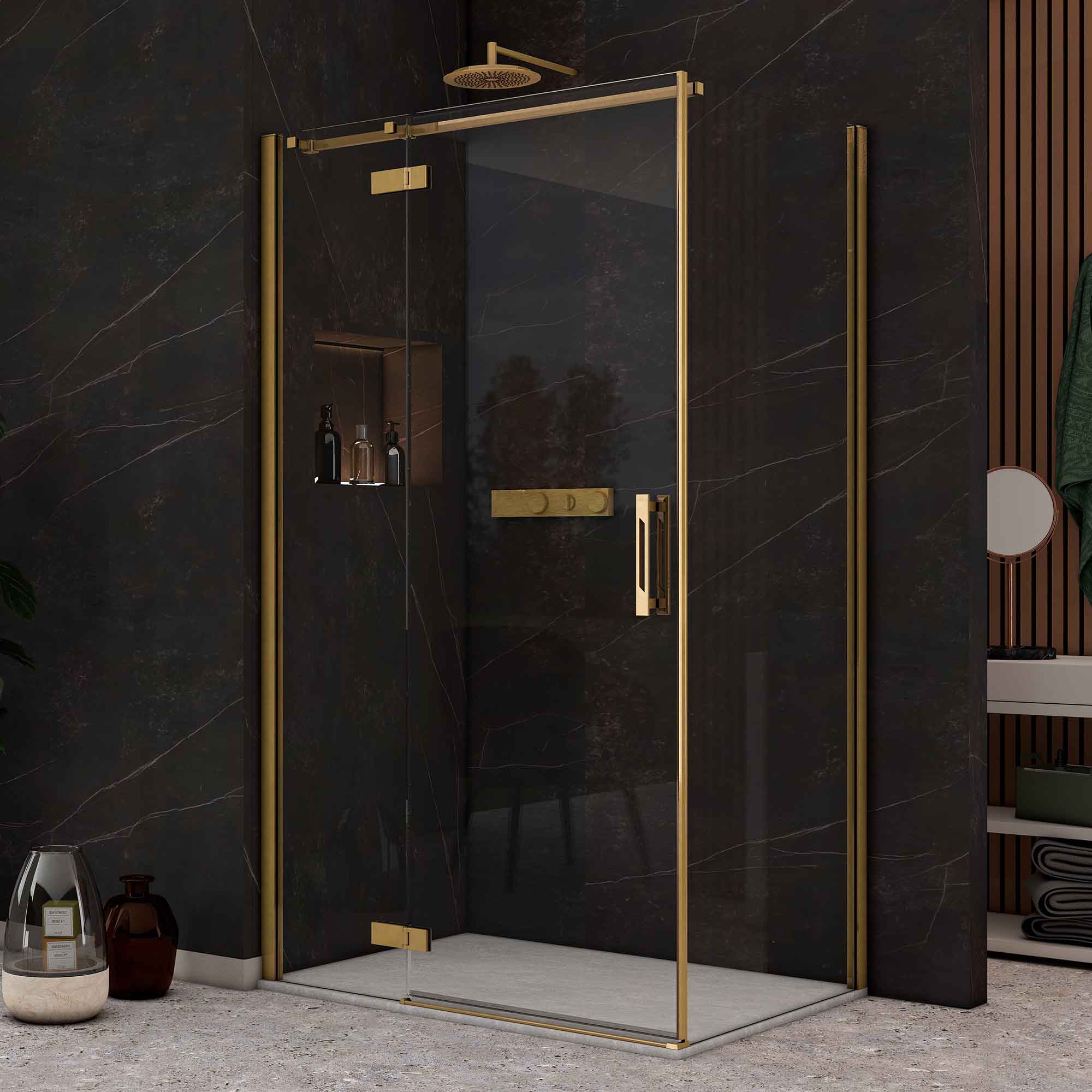 Image i9 Hinge & Inline Shower Door With Side Panel - Brushed Brass