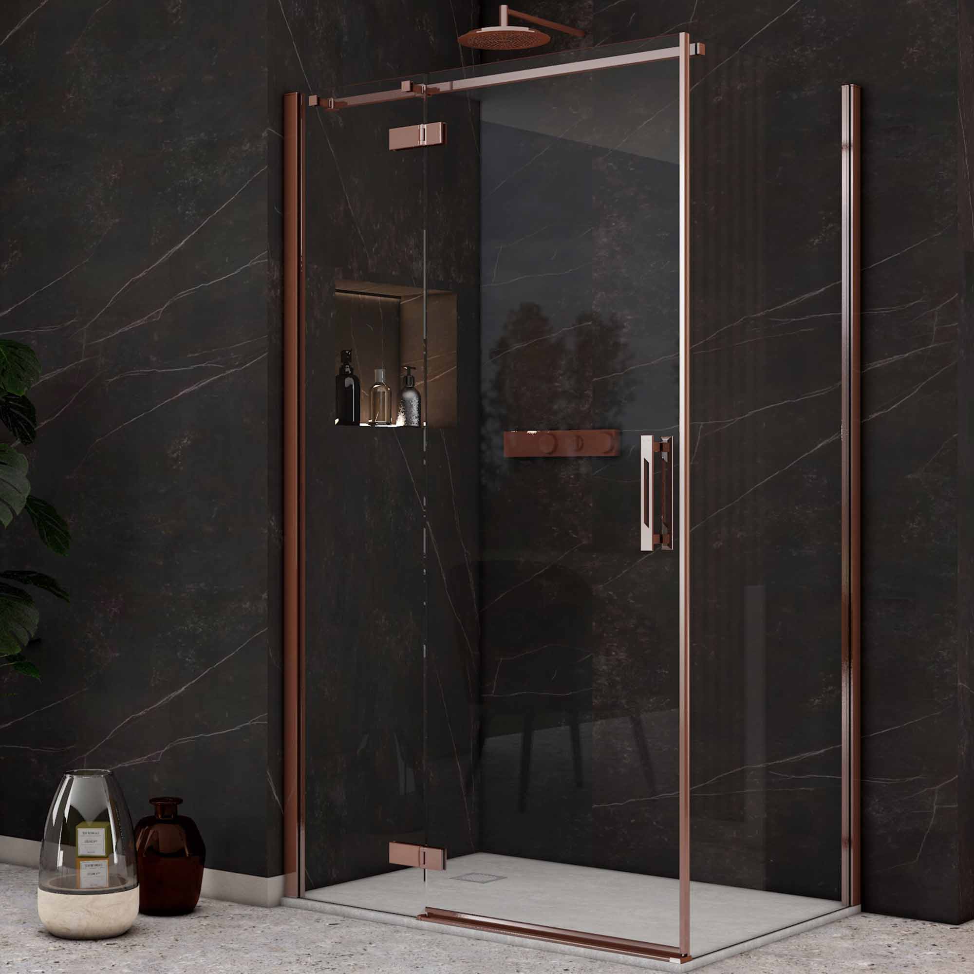 image i9 hinge and inline shower door with side panel brushed bronze
