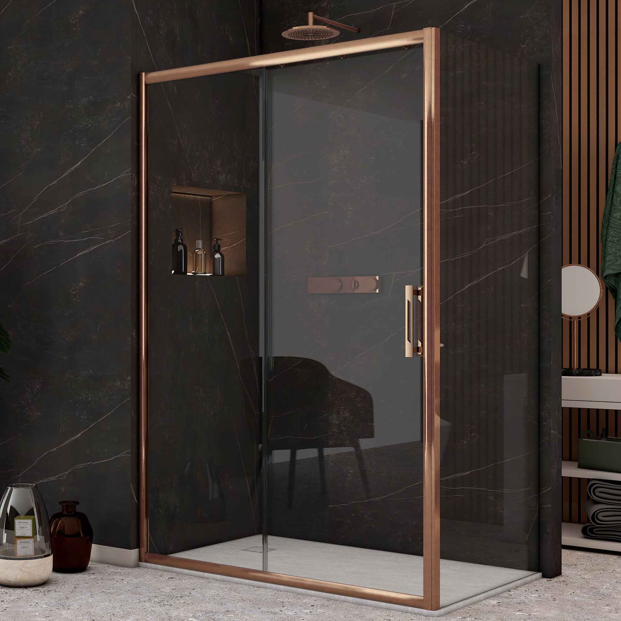 image i9 sliding shower door with side panel brushed bronze