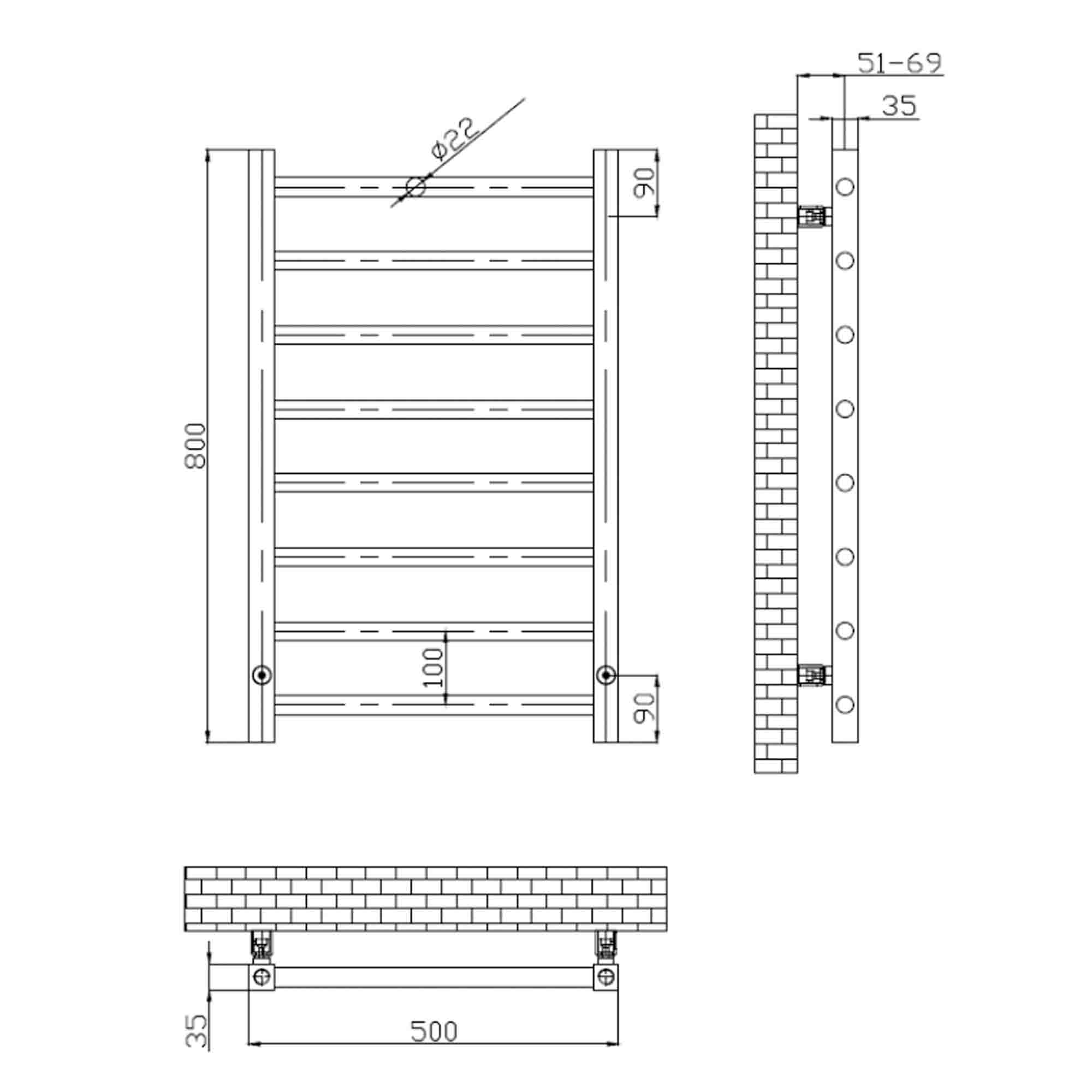 kendal heated towel rail 800x500mm dimensions