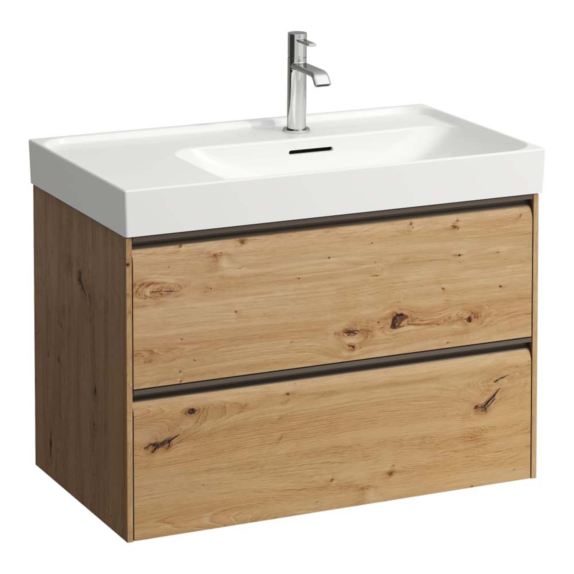 laufen meda 800 wall mounted vanity unit with white basin shelf left wild oak