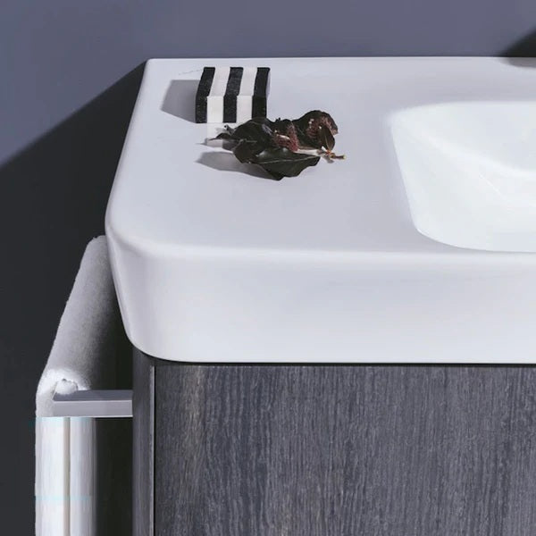 Close up of the Laufen Moderna wall-hung vanity unit and washbasin in dark oak colour.