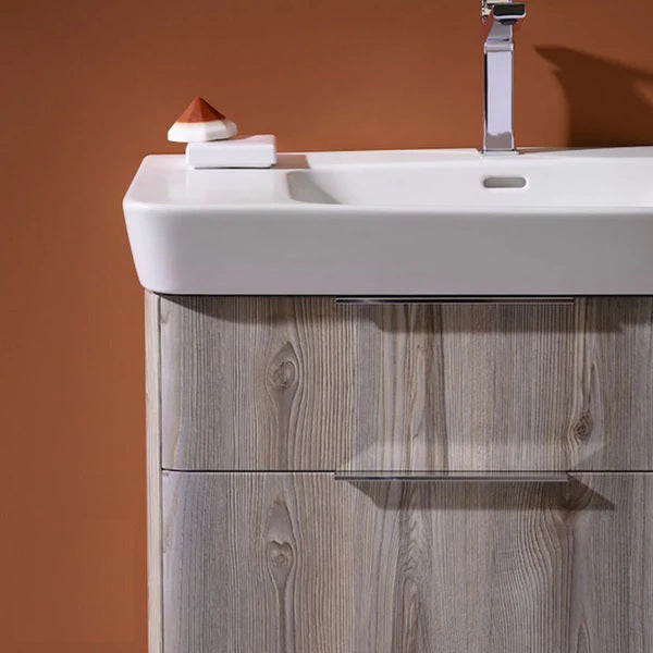 Close up of the Laufen Moderna wall-hung vanity unit and washbasin in ash colour.