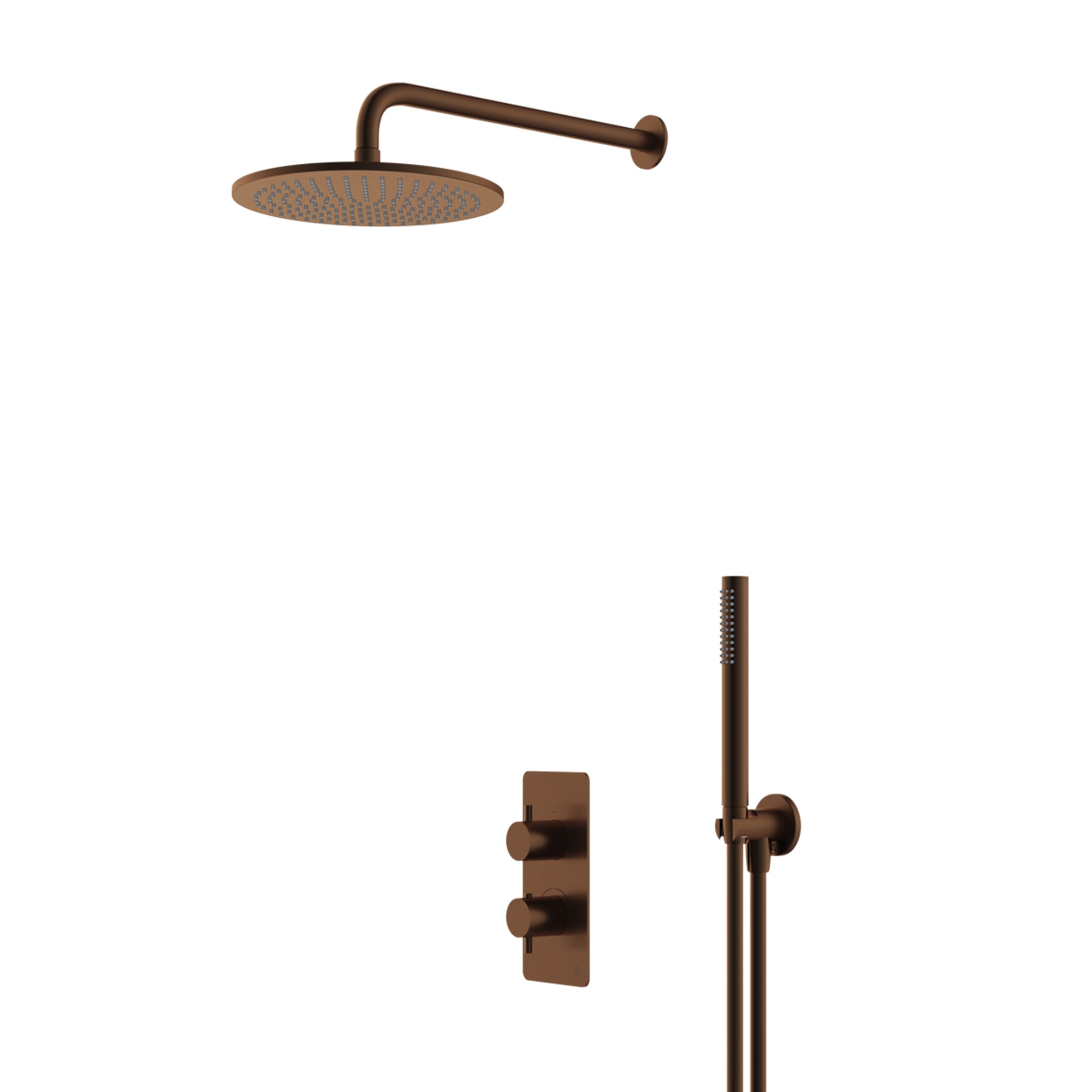 lucca minimal 2 outlet thermostatic shower valve with pencil handset and fixed overhead brushed bronze