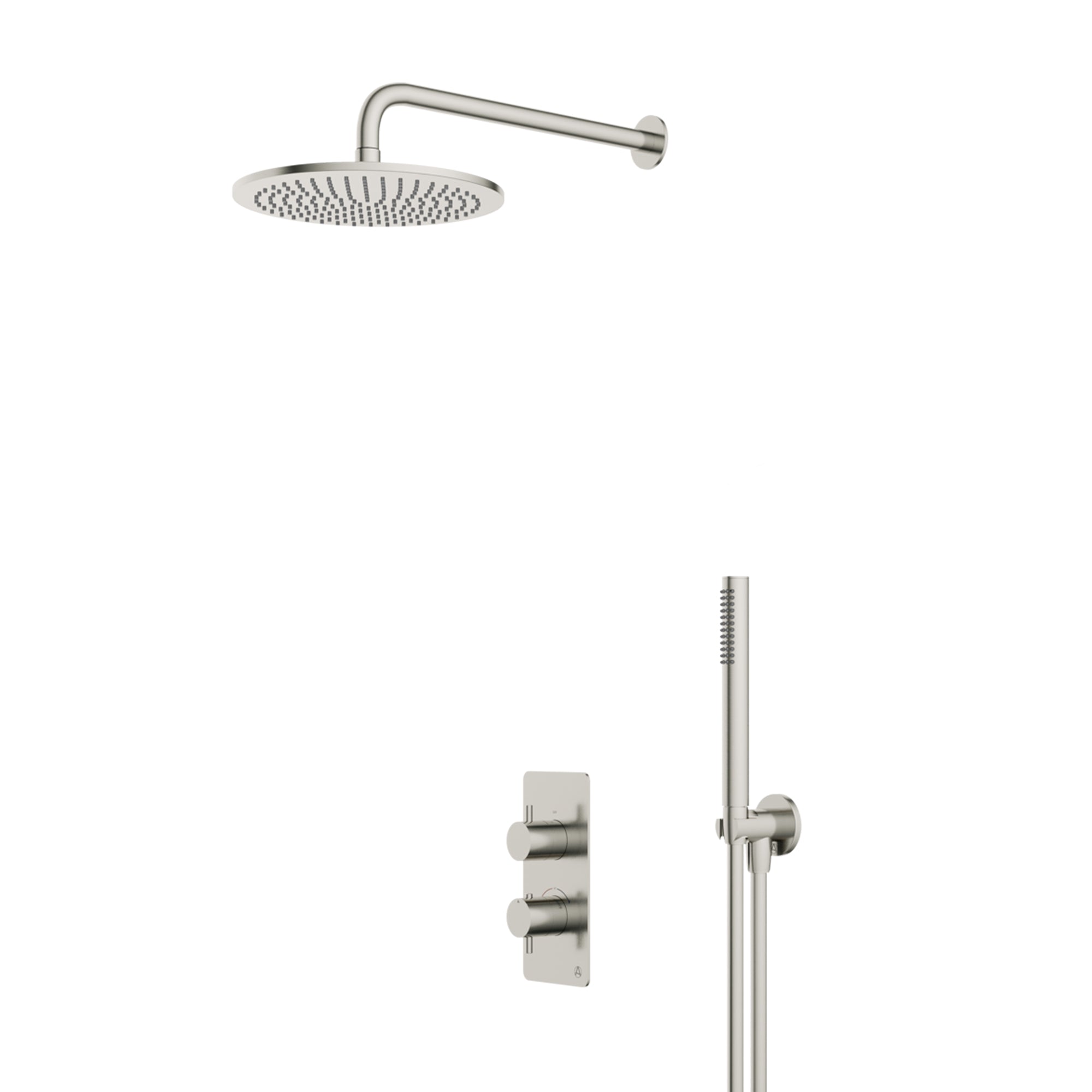 lucca minimal 2 outlet thermostatic shower valve with pencil handset and fixed overhead brushed nickel