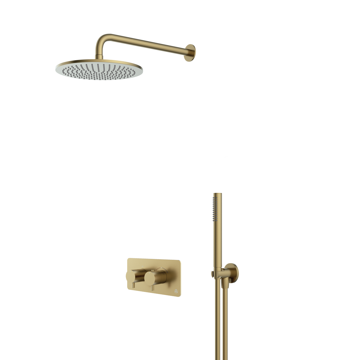 lucca minimal 2 outlet thermostatic shower valve with pencil handset and fixed overhead brushed brass