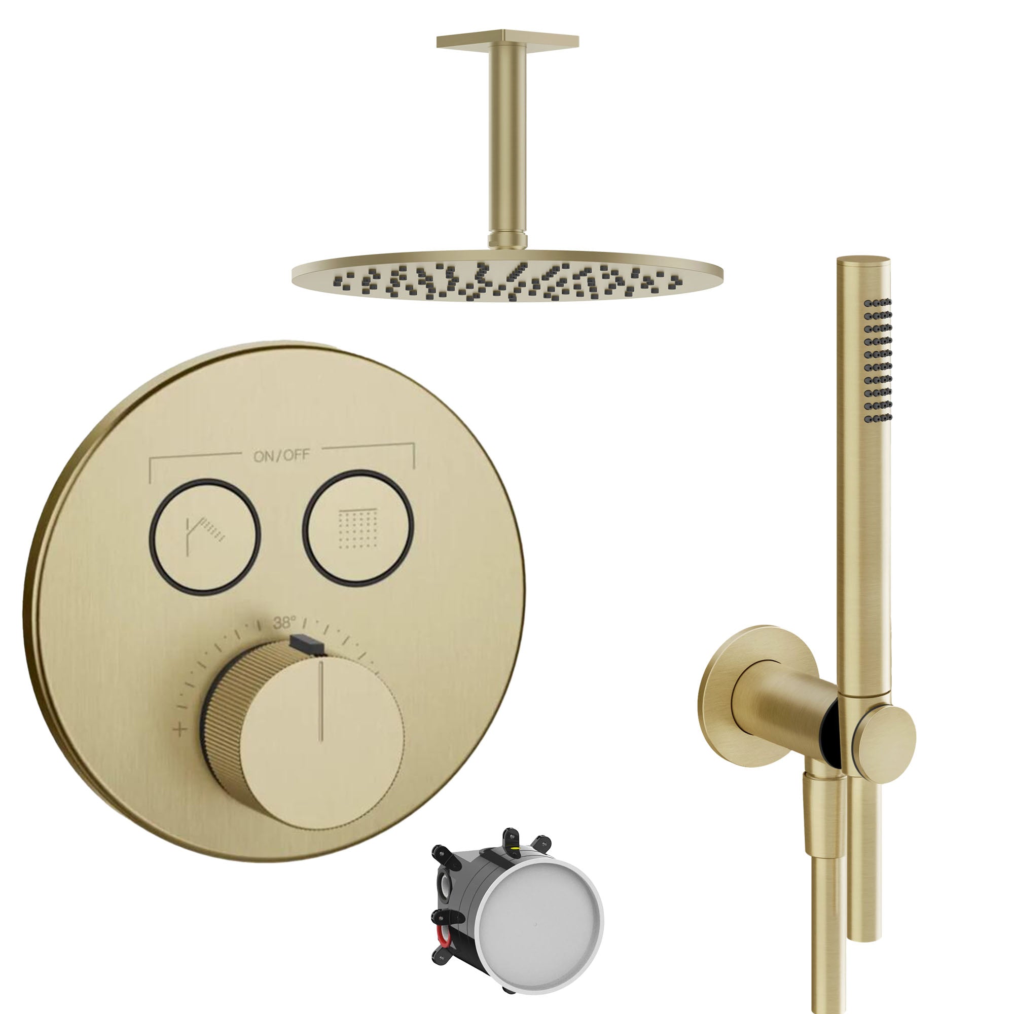 manzoni 2 outlet thermostatic shower valve and pencil handset with ceiling overhead brushed brass