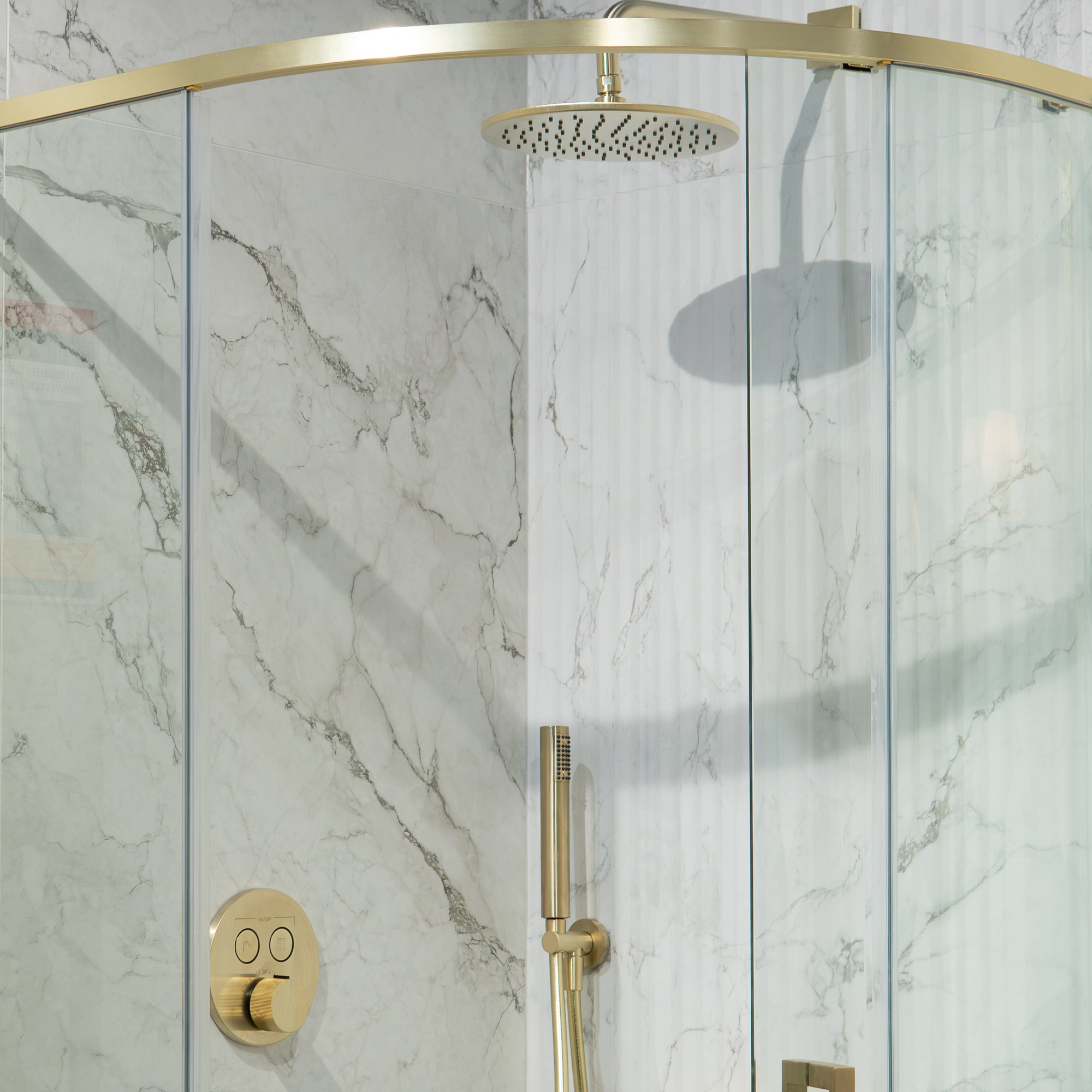 Manzoni Dual Outlet Thermostatic Shower Valve with Pencil Handset and Fixed Overhead 250mm - Brushed Brass