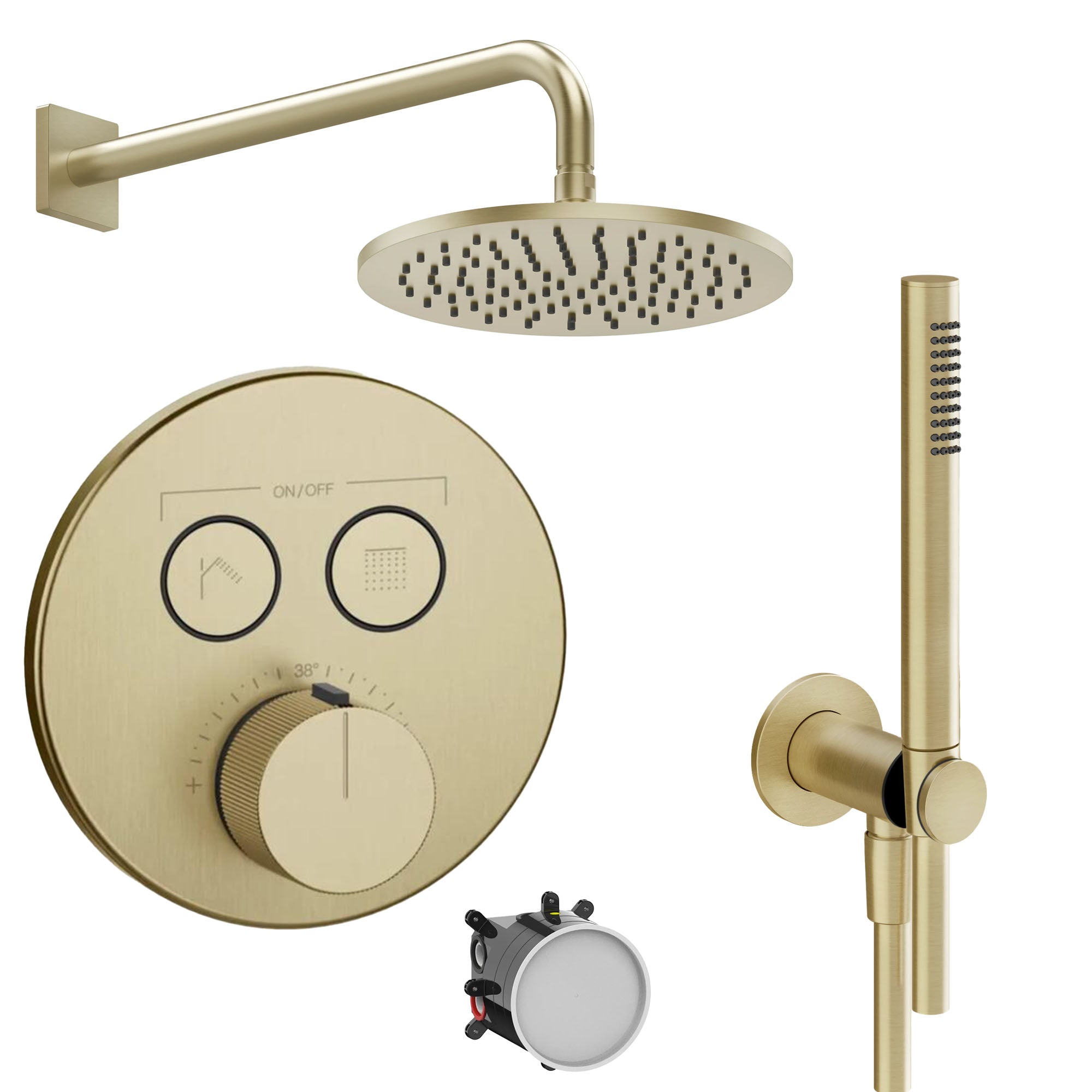 manzoni 2 outlet thermostatic shower valve and pencil handset with wall overhead brushed brass