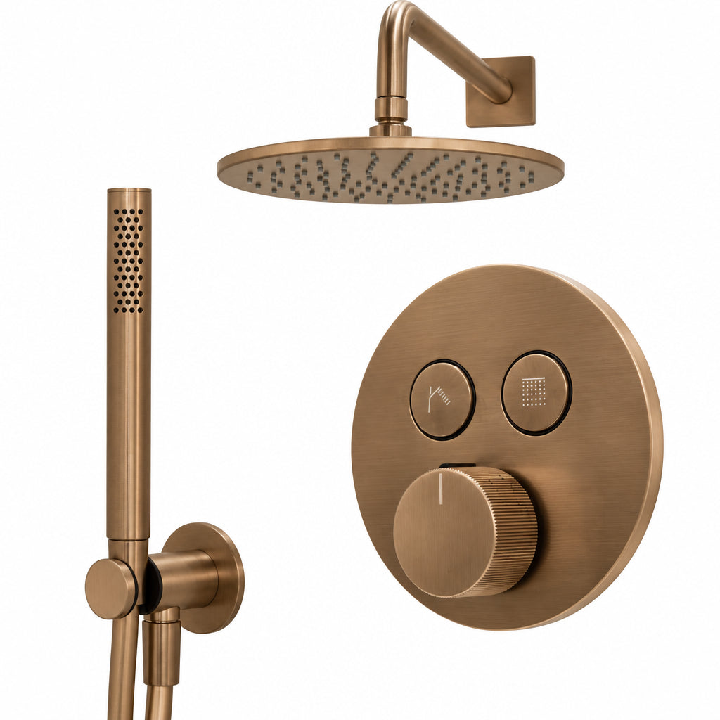 manzoni 2 outlet thermostatic shower valve and pencil handset with wall overhead warm bronze brushed